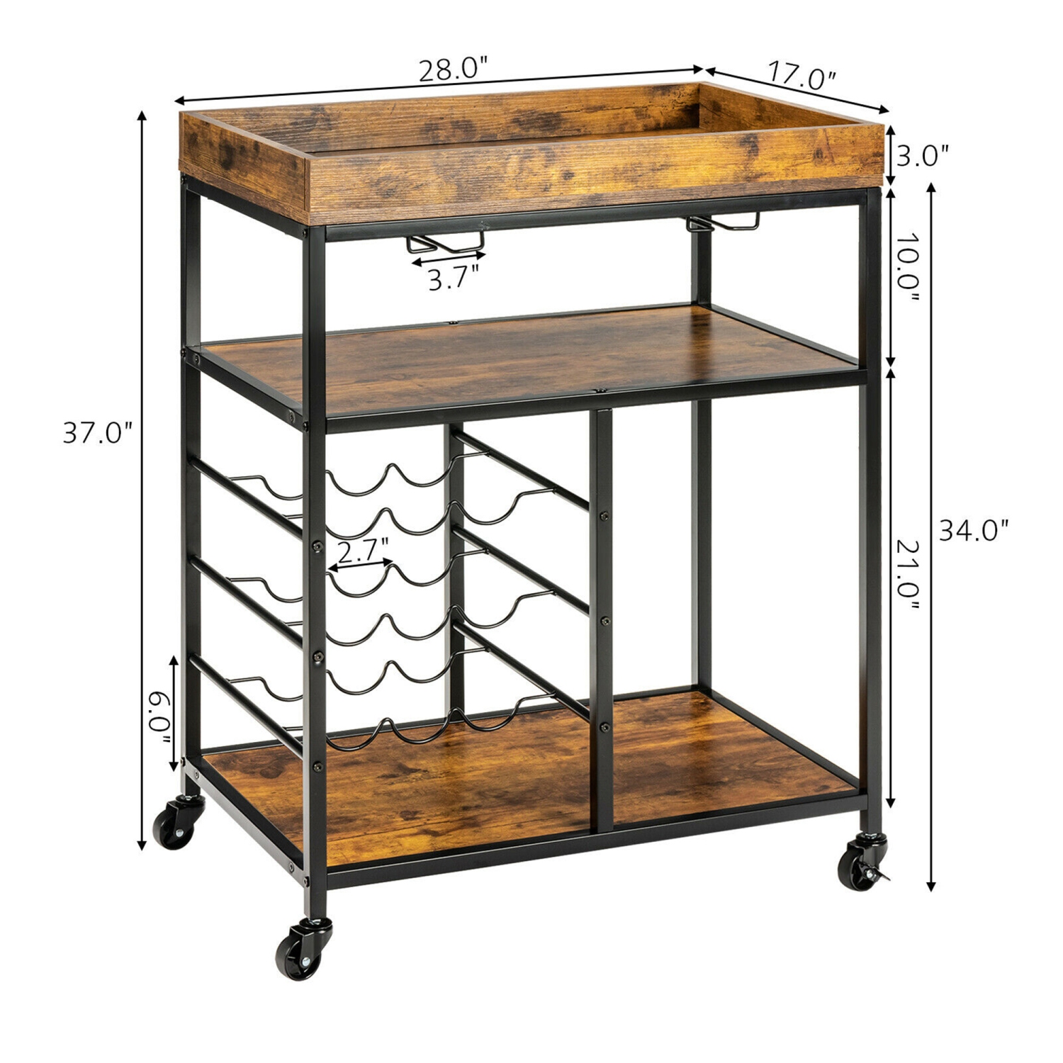 Gymax 3-Tier Rolling Kitchen Serving Cart Utility Trolley w/ Wine Bottle Rack