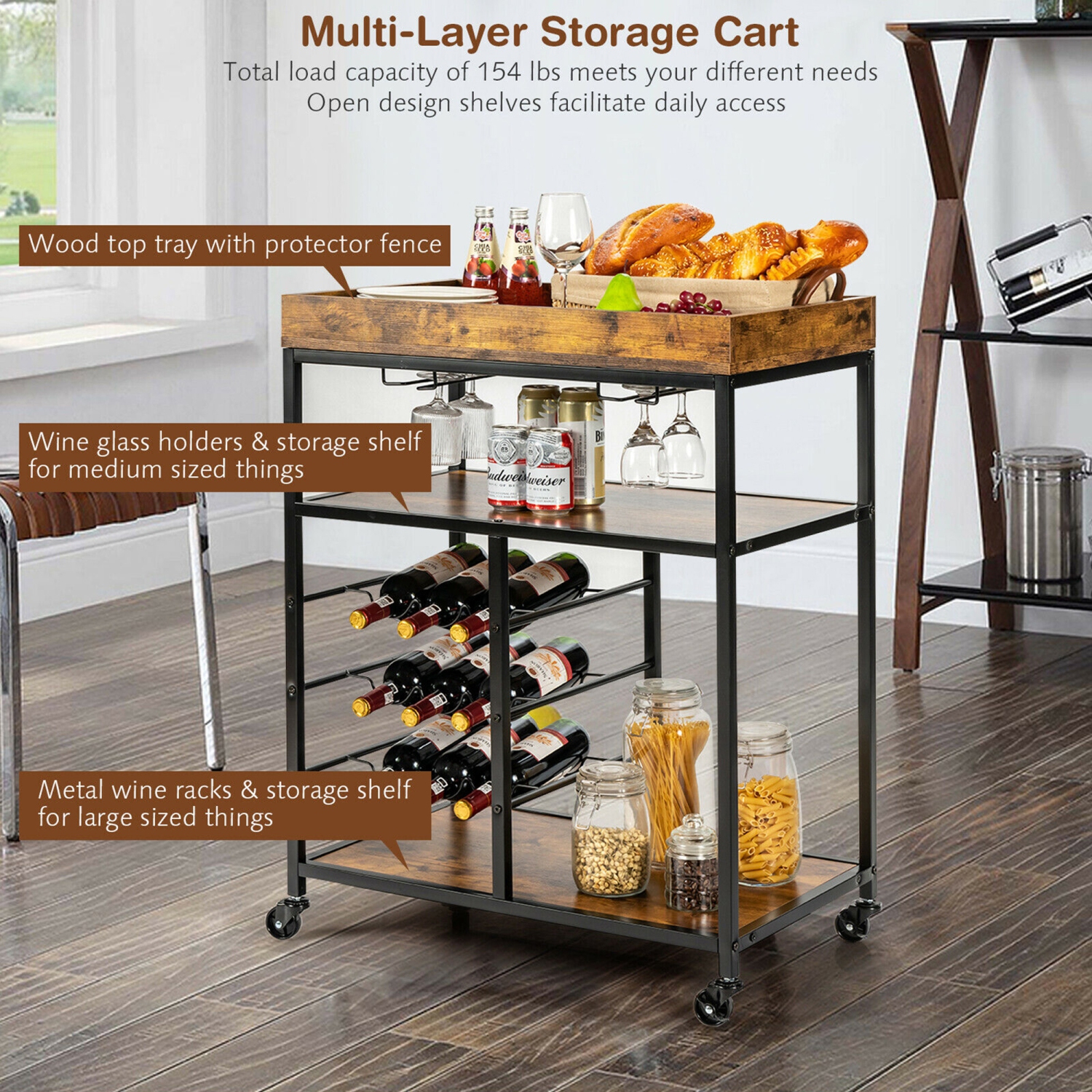 Gymax 3-Tier Rolling Kitchen Serving Cart Utility Trolley w/ Wine Bottle Rack
