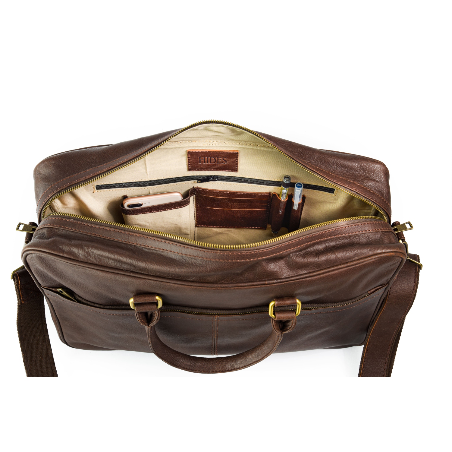 HIDES Messenger Slim Leather Laptop Travel School Briefcase 17", Antique Brown