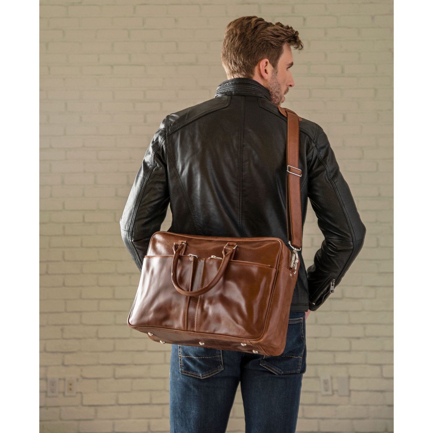 HIDES Messenger Slim Leather Laptop Travel School Briefcase 17", Serena Brown