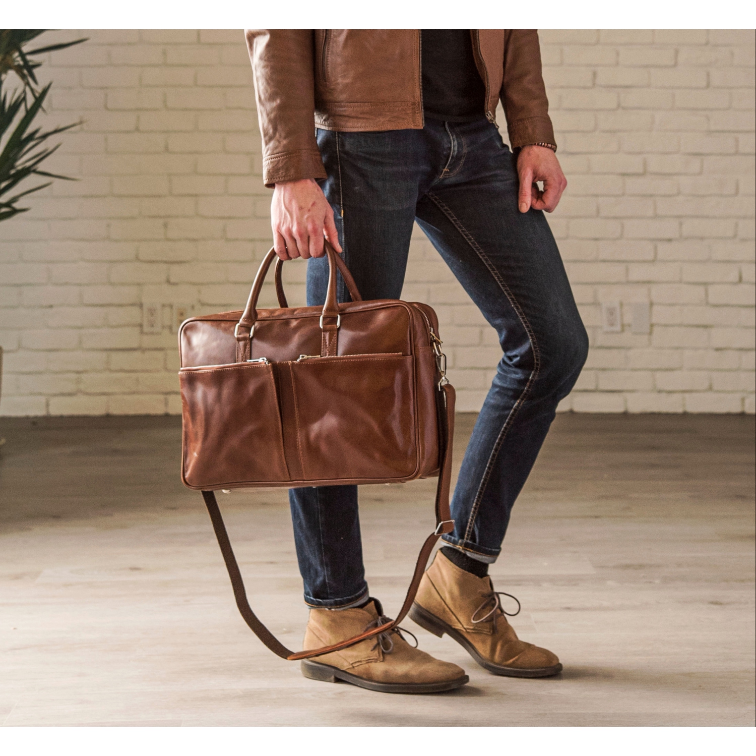 HIDES Messenger Slim Leather Laptop Travel School Briefcase 17", Serena Brown