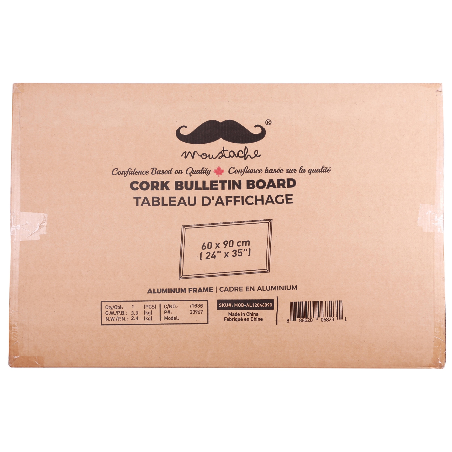 Moustache – babillard en liège 36 x 24 po, cadre en aluminium,