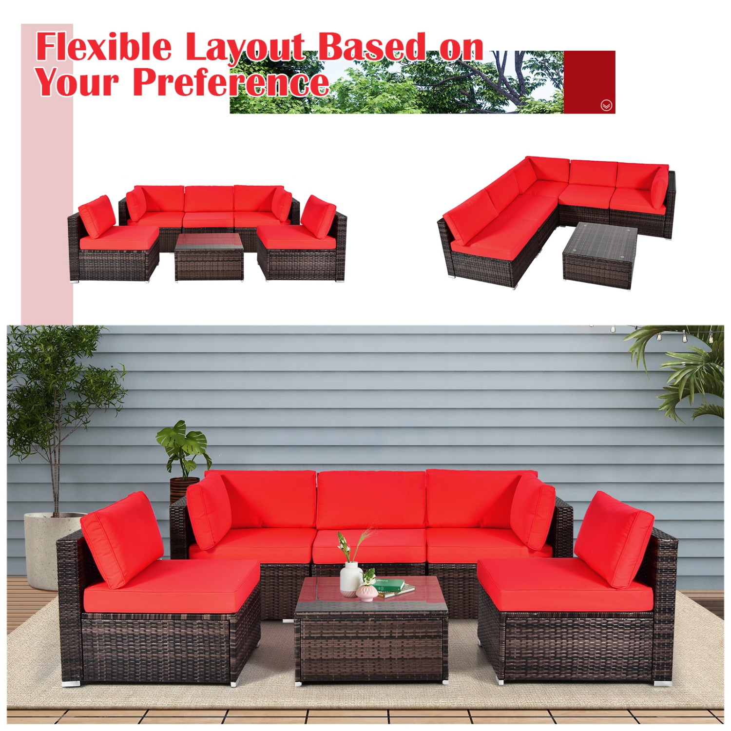 Gymax 6PCS Rattan Outdoor Sectional Sofa Set Patio Furniture Set w/ Red Cushions