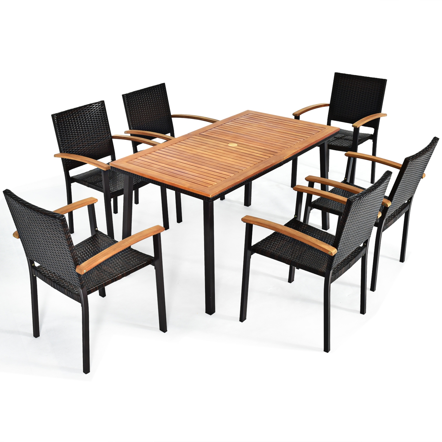 Gymax 7PCS Rattan Outdoor Dining Set Patio Furniture Set w/ Wooden Tabletop