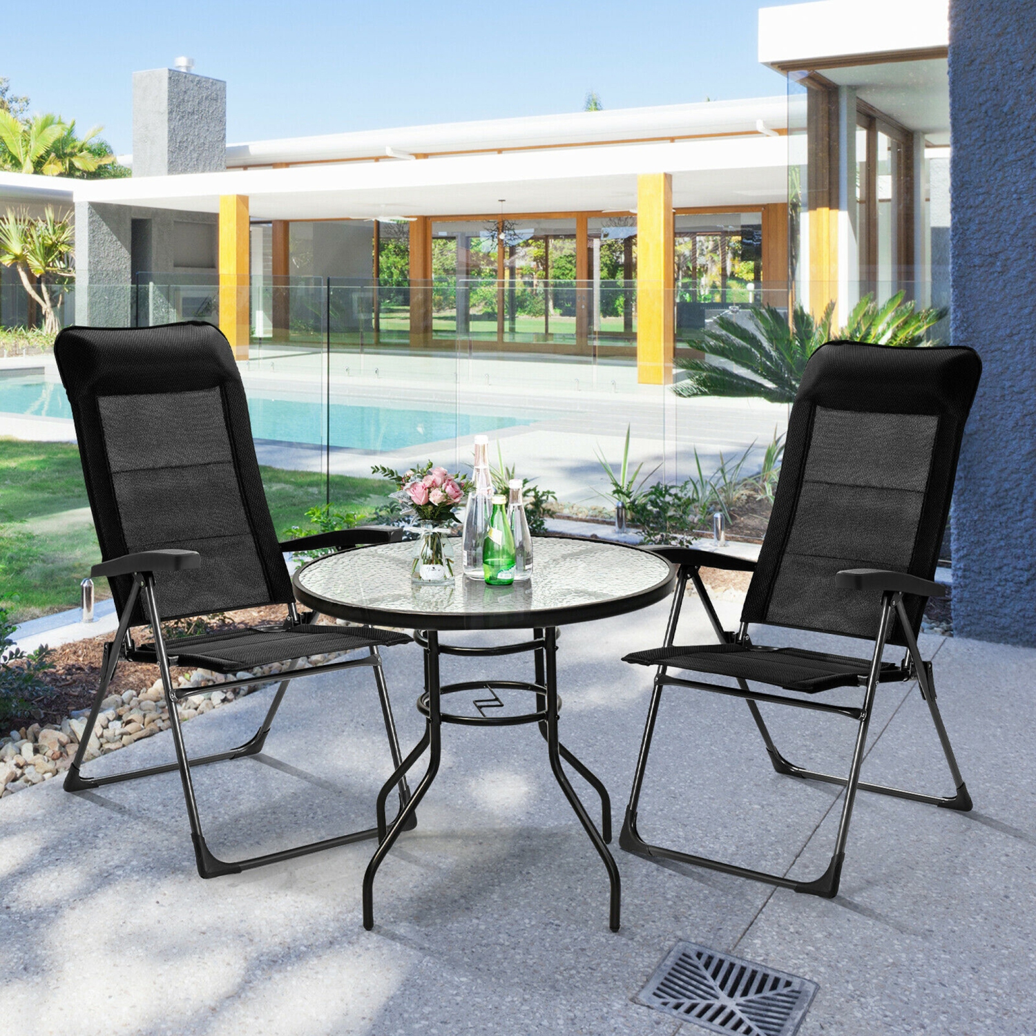 Gymax 2PCS Patio Folding Dining Chairs Portable Camping Headrest Adjust Black