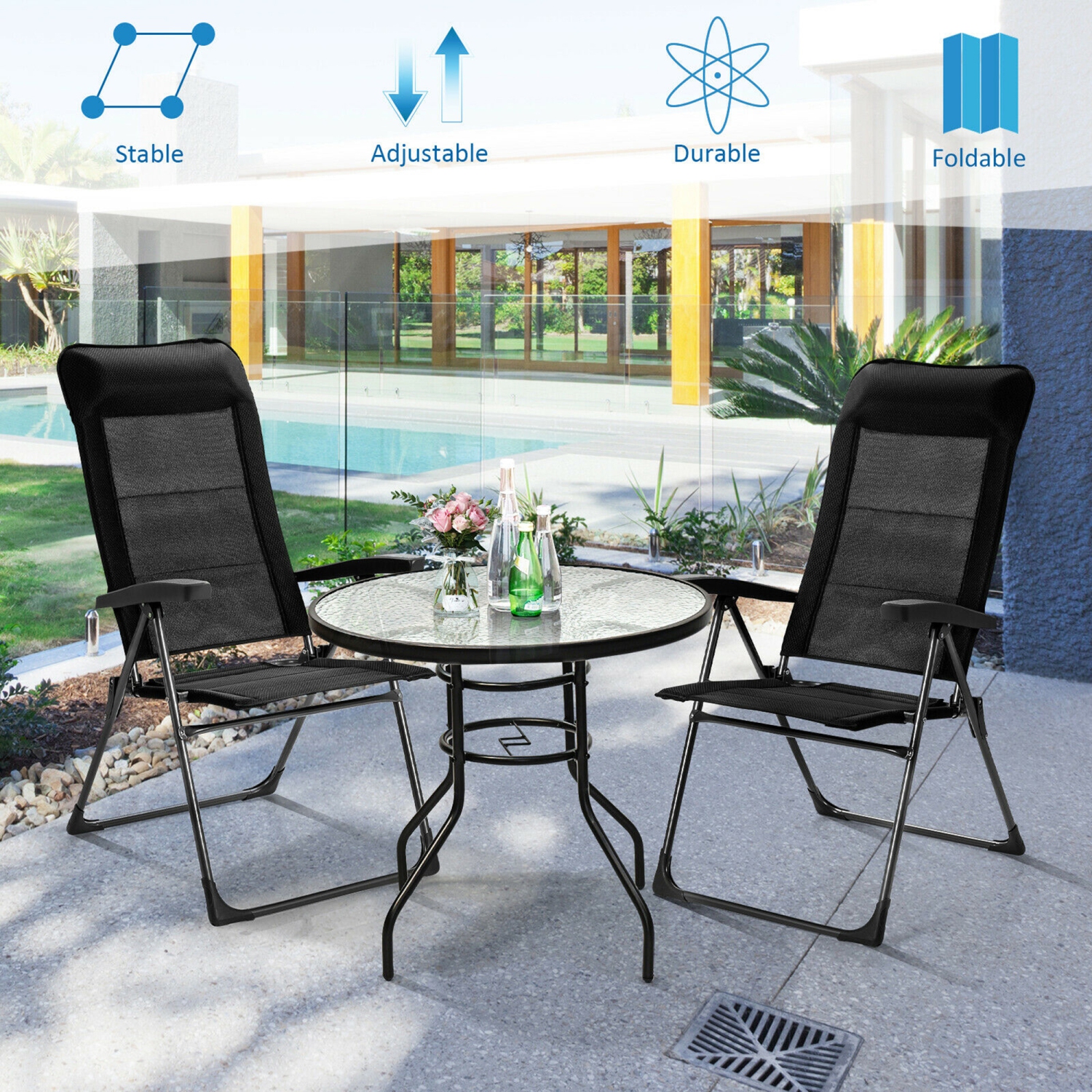 Gymax 2PCS Patio Folding Dining Chairs Portable Camping Headrest Adjust Black