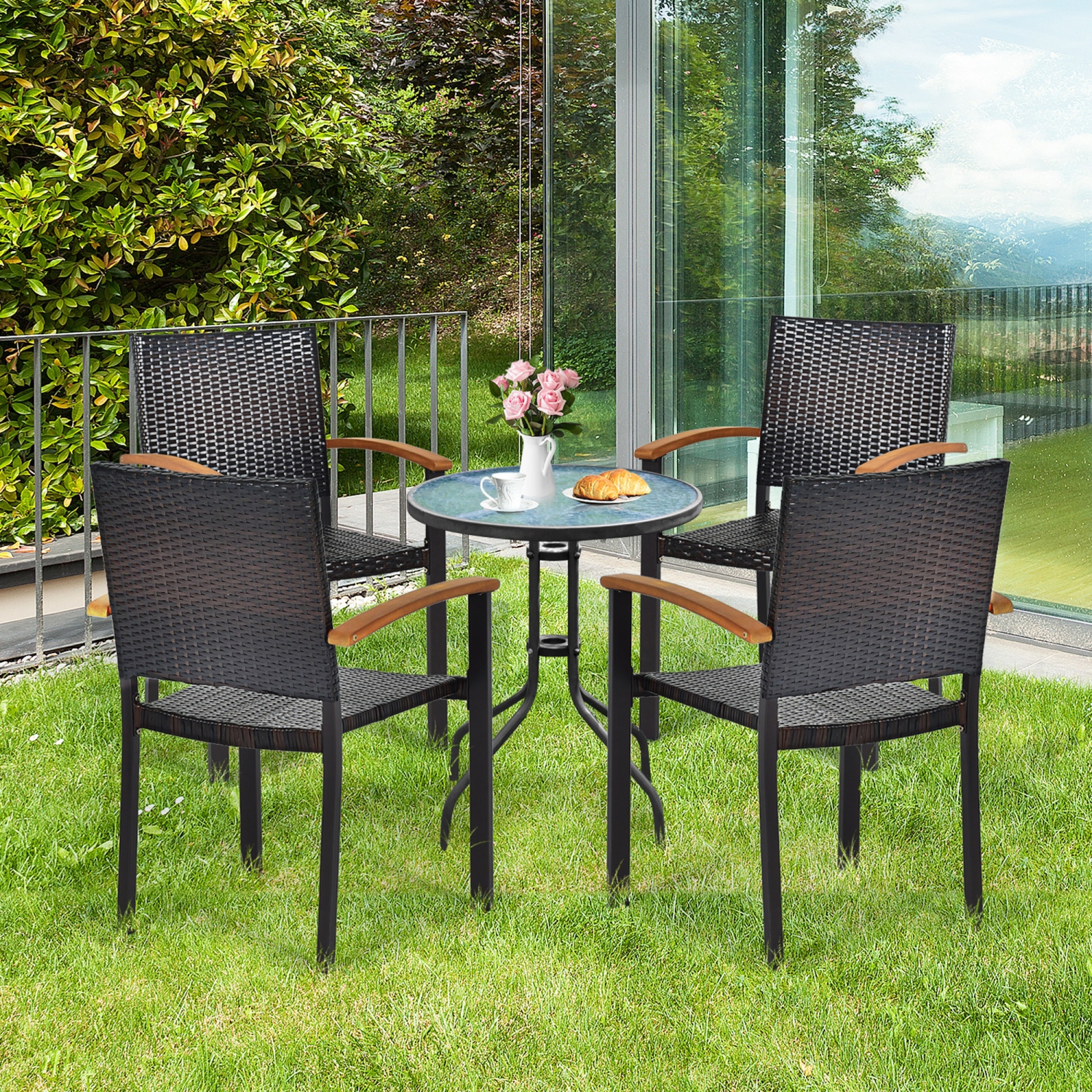 Gymax 4PCS Stackable Patio Wicker Dining Chair Rattan Armchair Outdoor Yard
