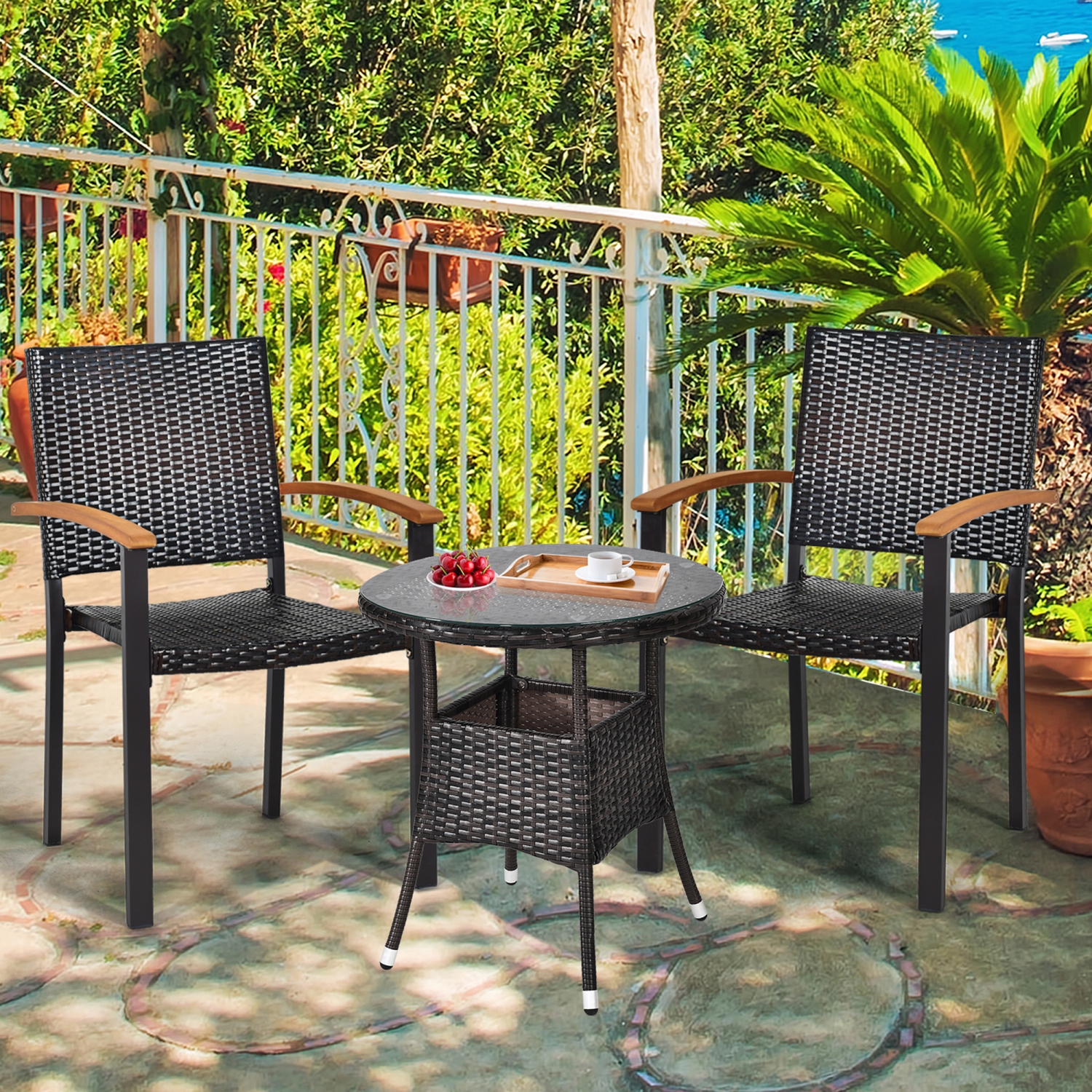 Gymax 4PCS Stackable Patio Wicker Dining Chair Rattan Armchair Outdoor Yard
