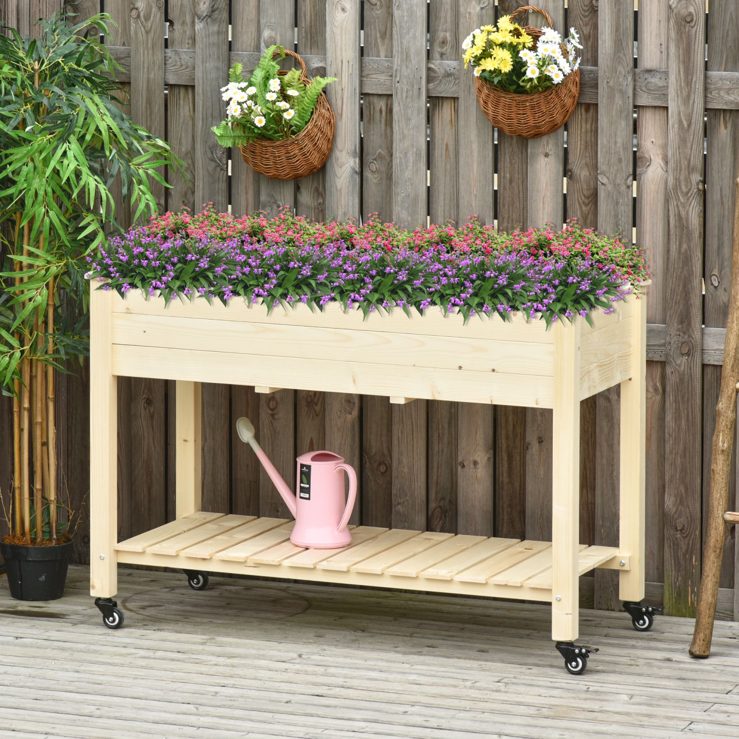 Outsunny Raised Garden Bed, Mobile Elevated Wood Planter Box with Lockable Wheels, Storage Shelf, Drainage Holes and Bed Liner for Flowers, Herbs,