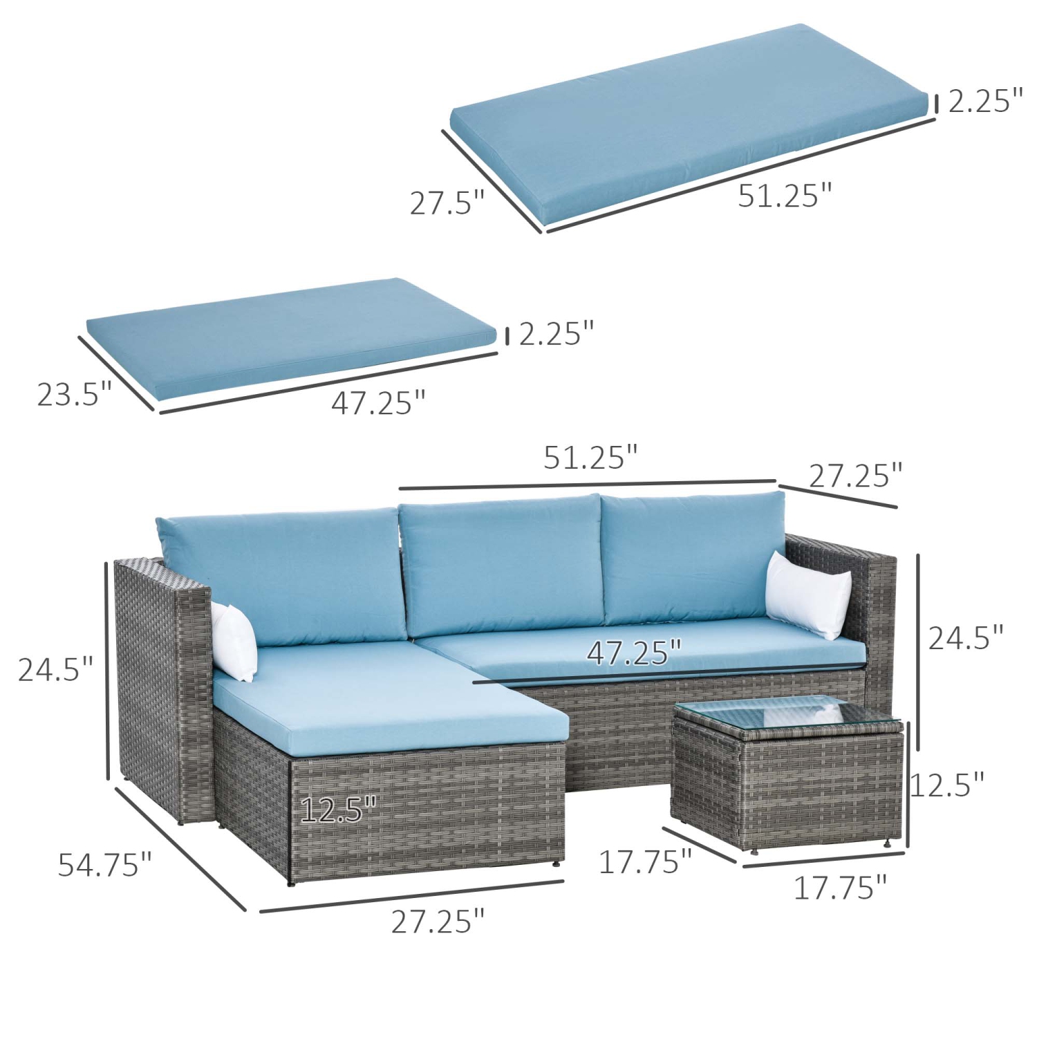 Ensemble de meubles de patio 3 pièces Outsunny Sofa modulaire moderne Chaise en rotin Ensemble de détente extérieur Meubles de jardin en osier tressé