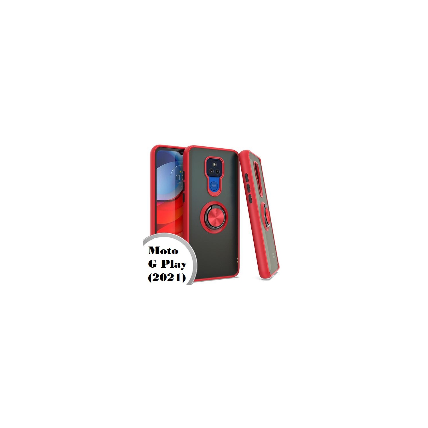 TopSave PC+TPU Rugged Hybrid Cover Case w/360 Degrees Rotating Ring Stand For Motorola Moto G Play(2021), Red
