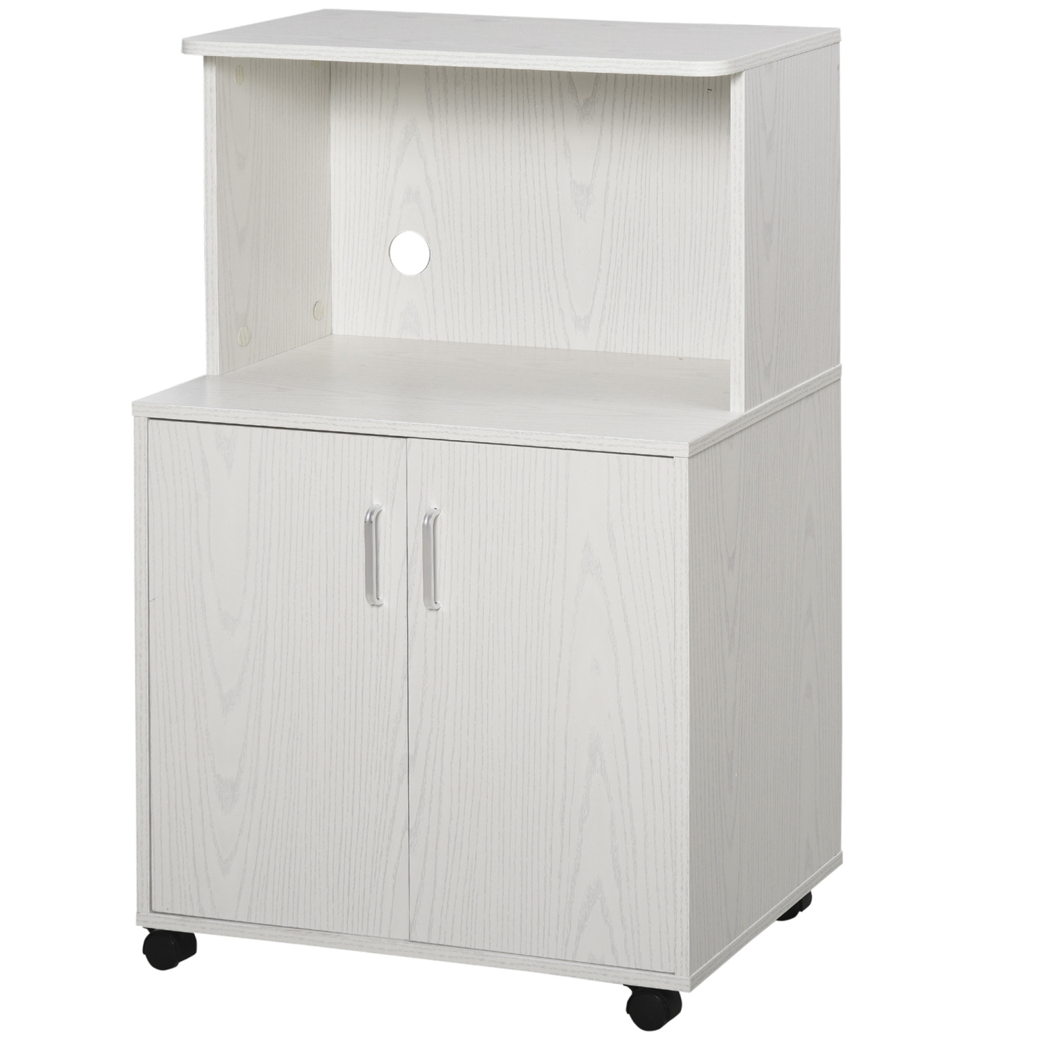 HOMCOM Microwave Cart on Wheels Utility Trolley Storage Sideboard Bookcase with 2-door Cabinet, White Oak