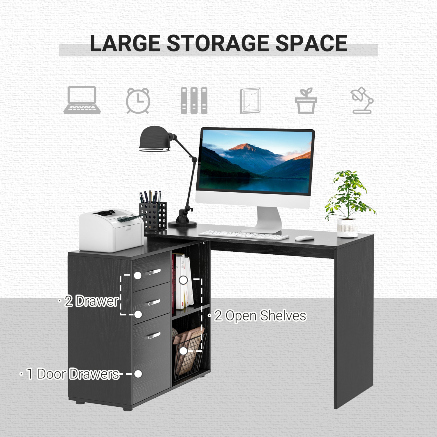 HOMCOM 46" L Shaped Desk with Drawers, Computer Corner Desk with Storage Shelf, PC Table Home Office Workstation, Black