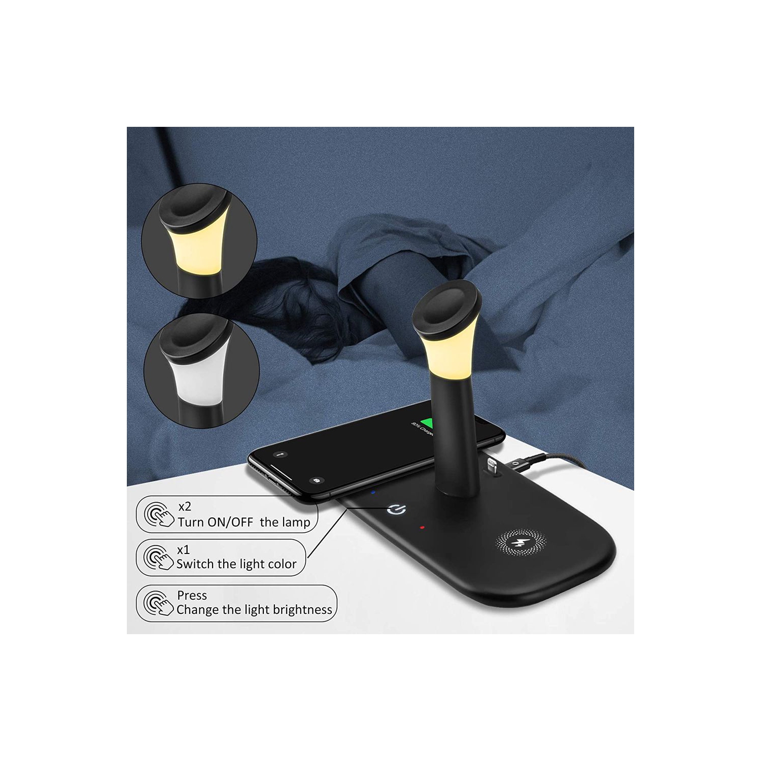 Station de recharge rapide sans fil 5-en-1 WINGOMART avec veilleuse, certifiée Qi pour iPhone 14 Pro Max 13 12 11 Pro/XS/XR/8, Samsung, Apple Watch