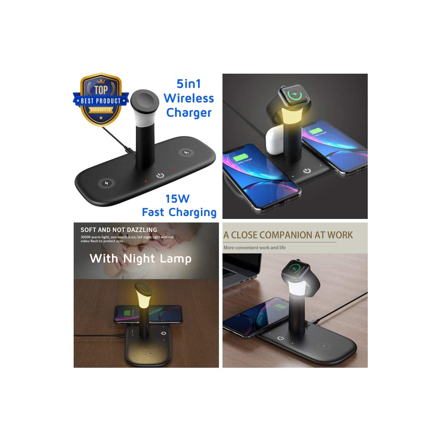 Station de recharge rapide sans fil 5-en-1 WINGOMART avec veilleuse, certifiée Qi pour iPhone 14 Pro Max 13 12 11 Pro/XS/XR/8, Samsung, Apple Watch