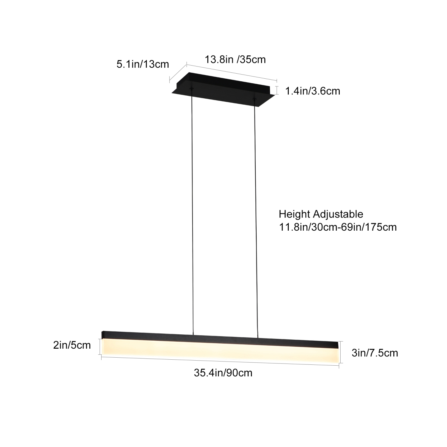 Suspension linéaire à DEL Tubicen, luminaire suspendu à intensité réglable de 17 W pour salle à manger, hauteur réglable de 11.8 à 68.9 po, lampe