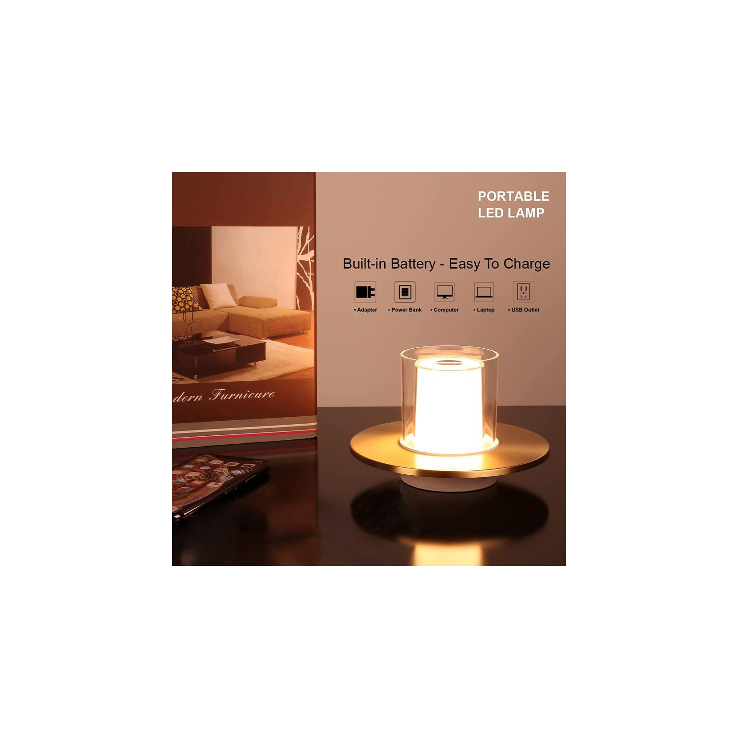 Lampe de table sans fil Tubiten pour table, pile rechargeable USB, bougie à dégradé à 4 voies, lampe portative à éclairage ambiant sans fil de 2000