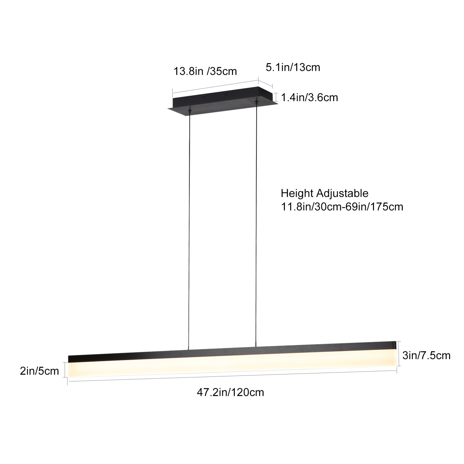 Suspension linéaire à DEL Tubicen, luminaire à DEL de 20 W à intensité réglable pour salle à manger, 11.8 à 68.9 po à hauteur réglable, 47.2 po L,