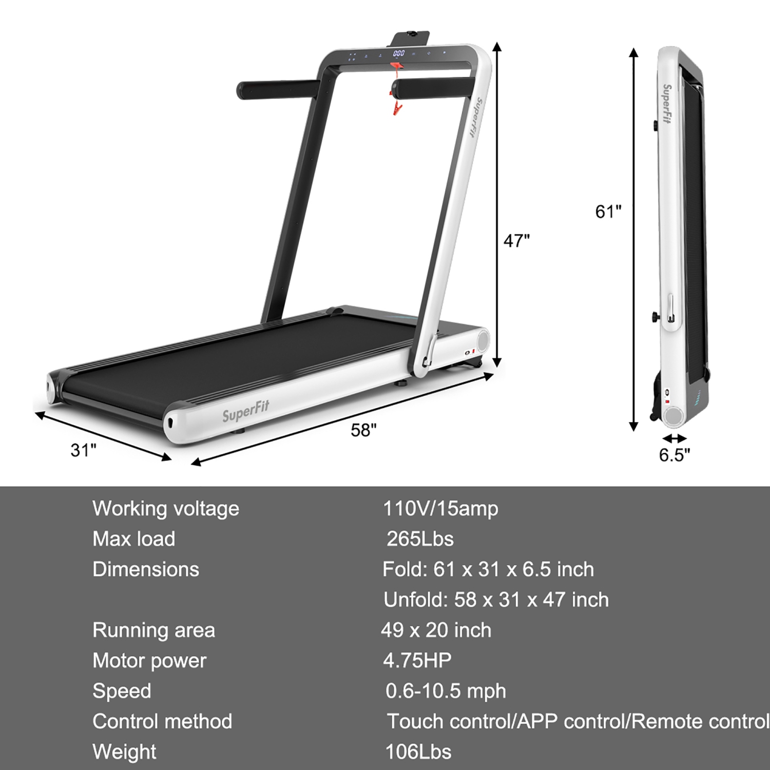 SuperFit 4.75HP 2 In 1 Folding Treadmill W/Remote APP Control