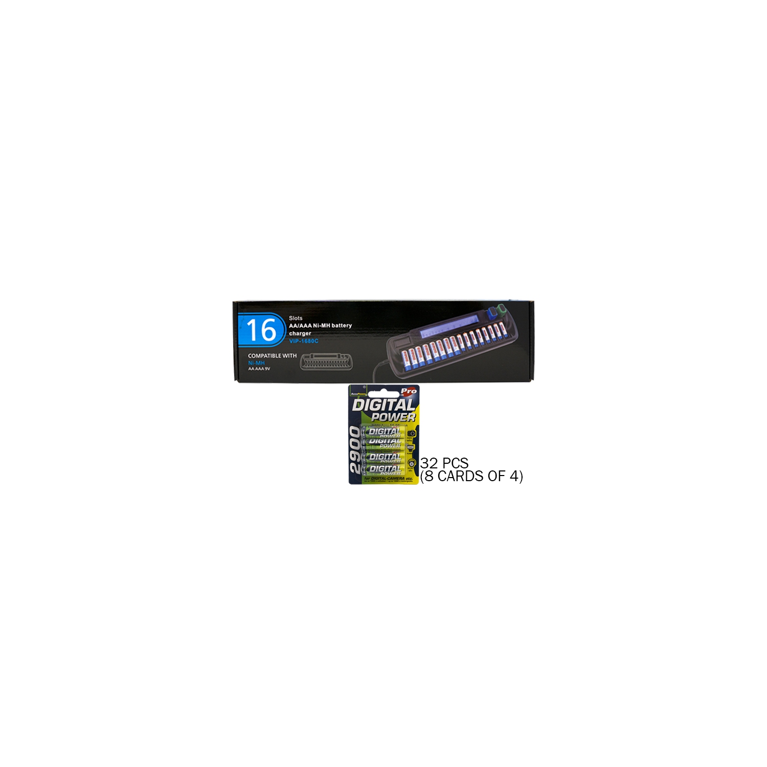 16 Bay AA / AAA LCD Battery Charger + 32 AA 2900 mAh AccuPower NiMH Batteries