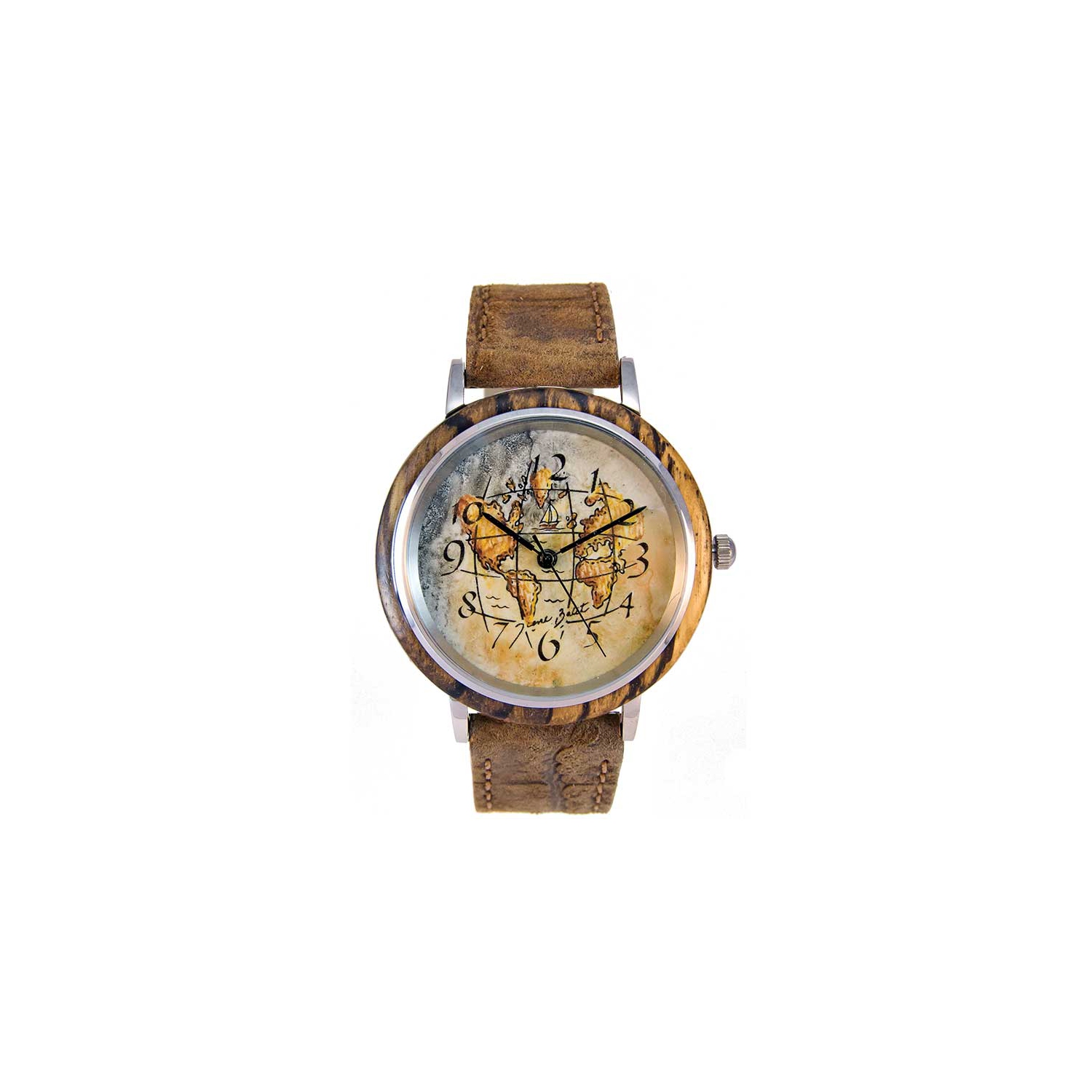 Men's wooden watch with leather strap | WORLD'S MAP