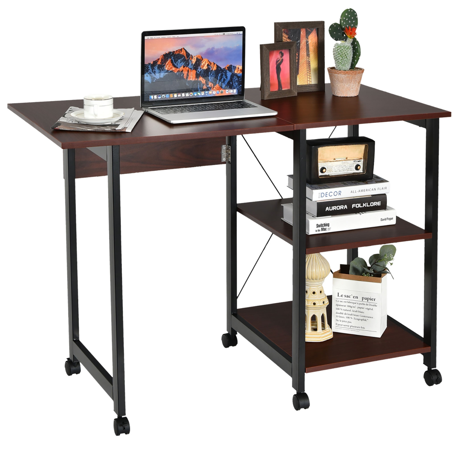 Costway Rolling Computer Desk Folding Writing Office Desk w/ Storage Shelves