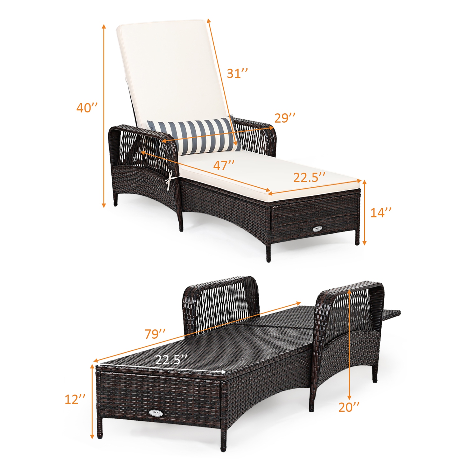 Costway PE Rattan Chaise Lounge Chair Armrest Recliner Adjustable Pillow