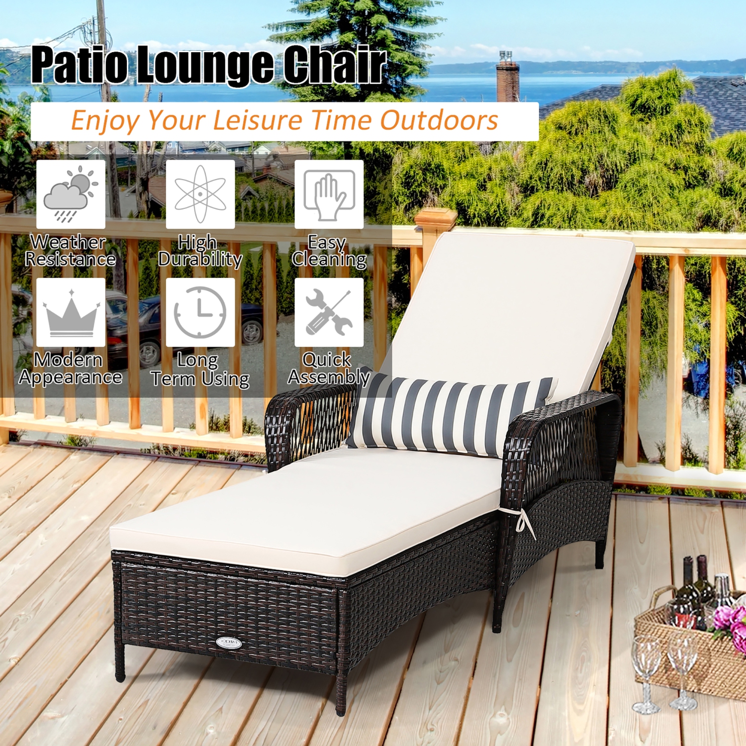 Costway PE Rattan Chaise Lounge Chair Armrest Recliner Adjustable Pillow