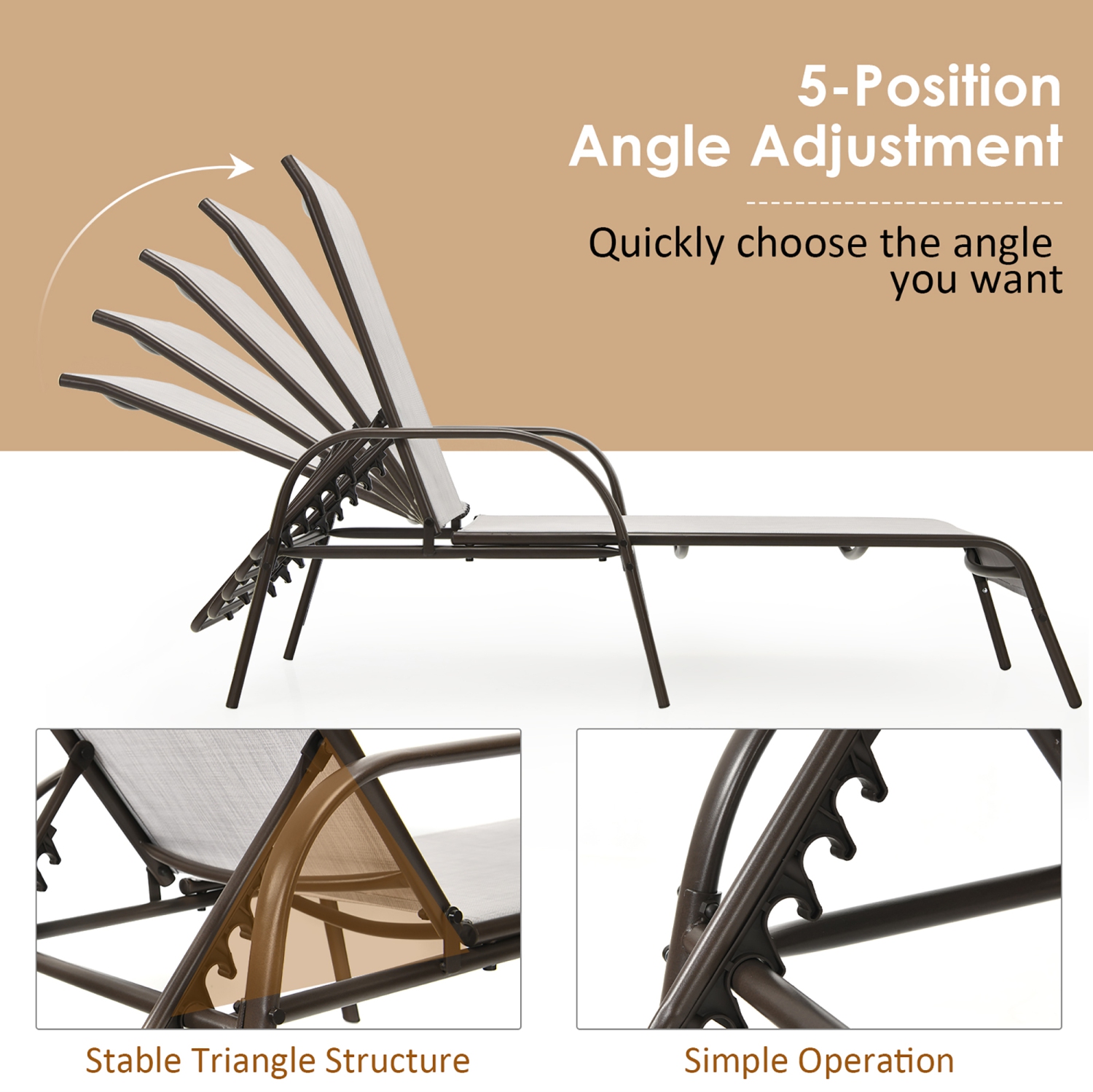 Costway Outdoor Patio Lounge Chair Chaise Fabric Adjustable Reclining Armrest Pool Grey