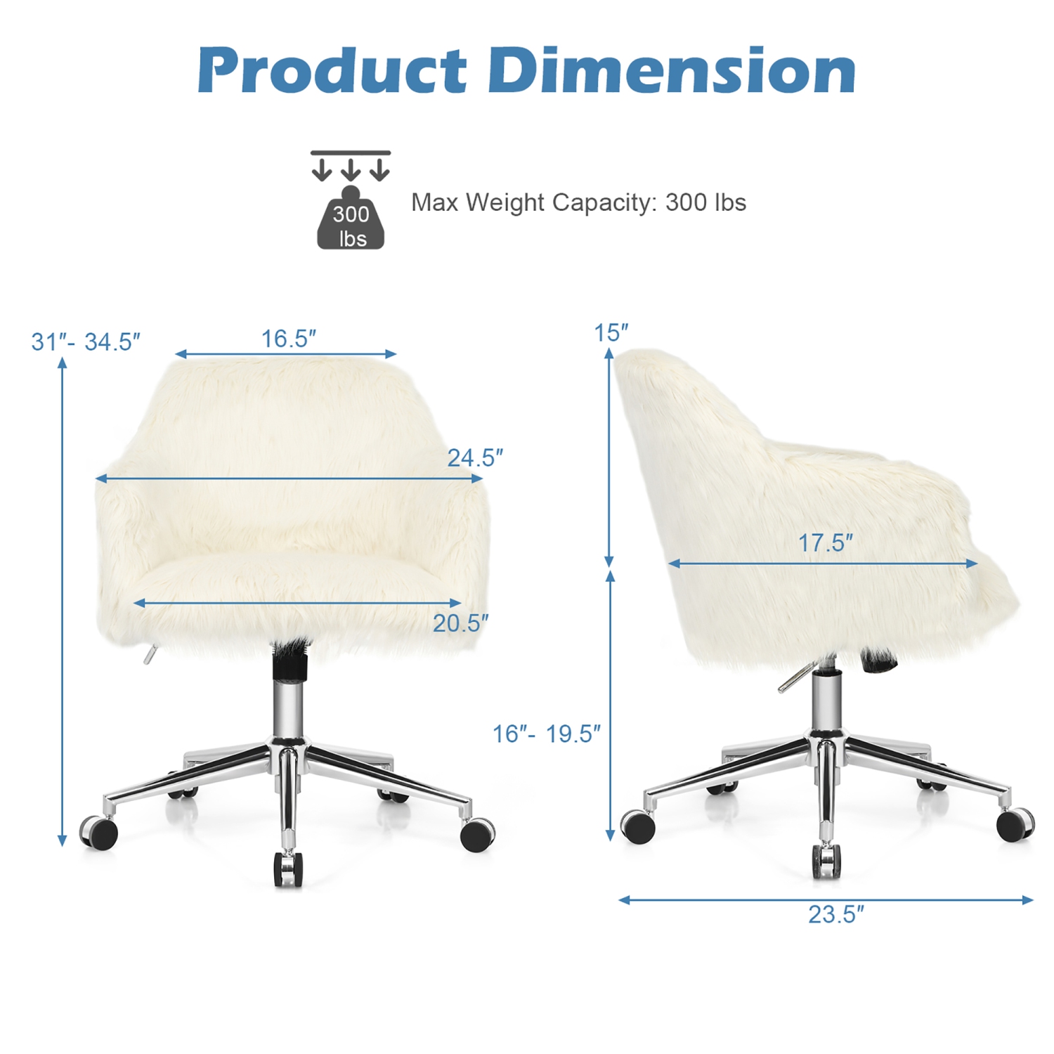 Costway Faux Fur Swivel Office Chair Adjustable Task Chair Fluffy Vanity Chair