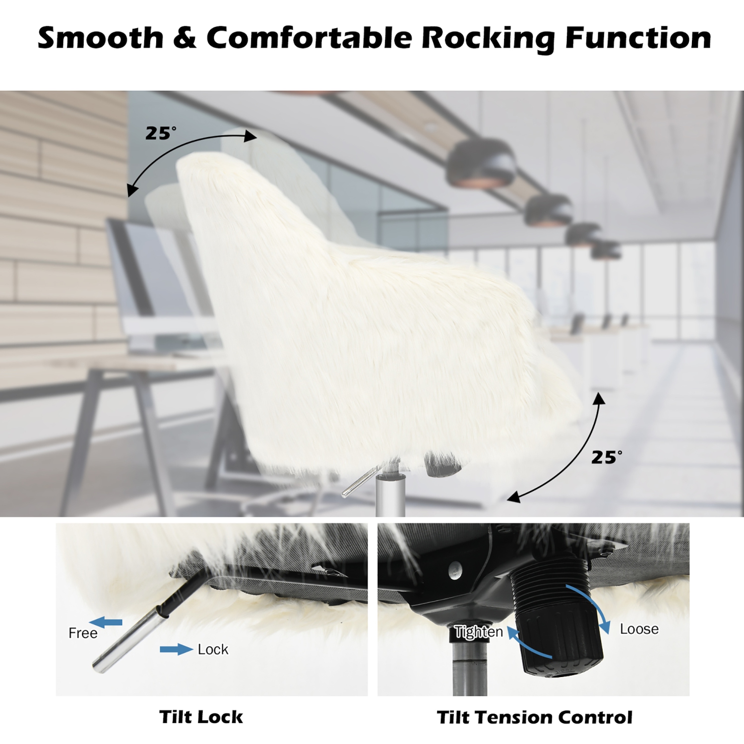 Costway Faux Fur Swivel Office Chair Adjustable Task Chair Fluffy Vanity Chair