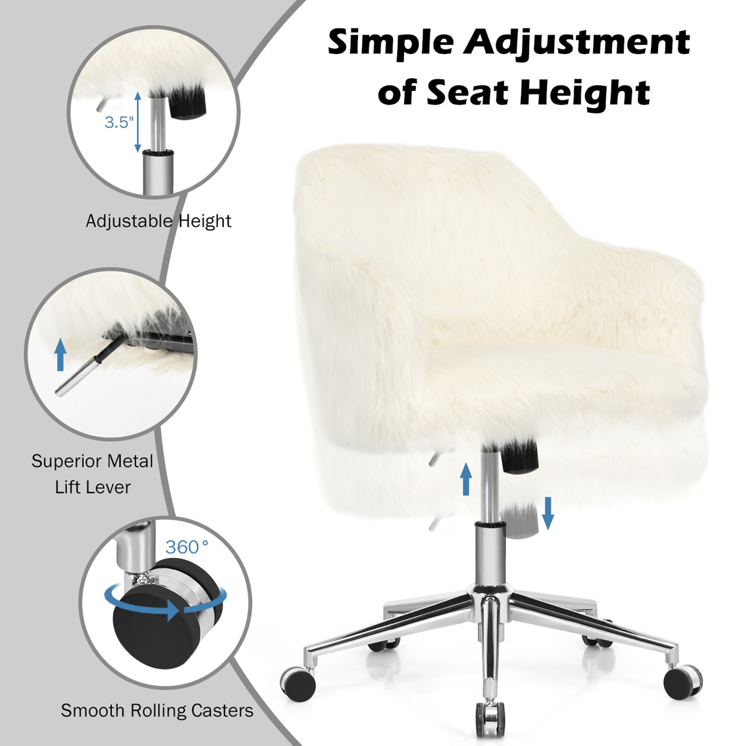Costway Faux Fur Swivel Office Chair Adjustable Task Chair Fluffy Vanity Chair