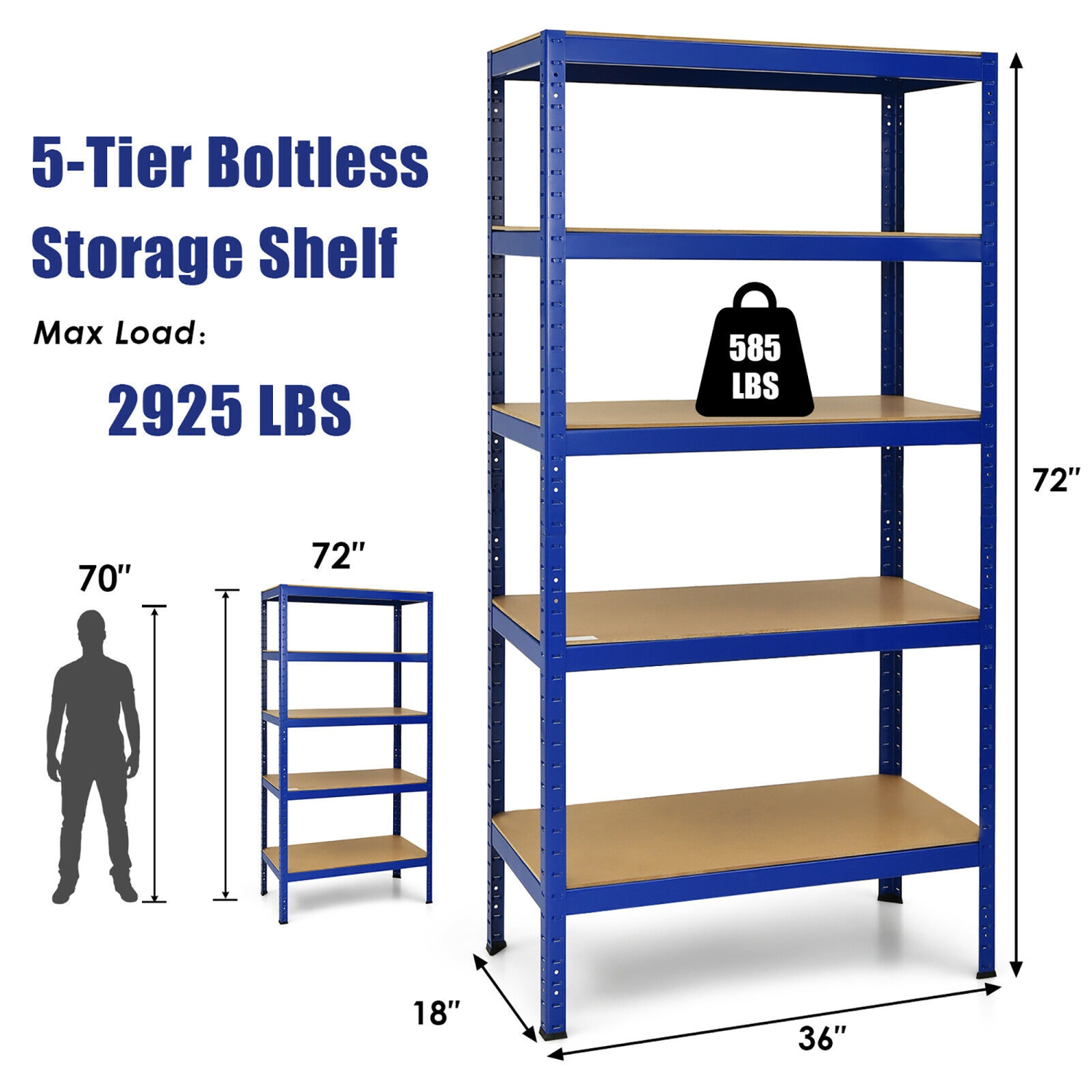 2PCS 72"Heavy Duty Steel 5 Level Garage Shelf Storage Adjustable Shelves Silver\Blue