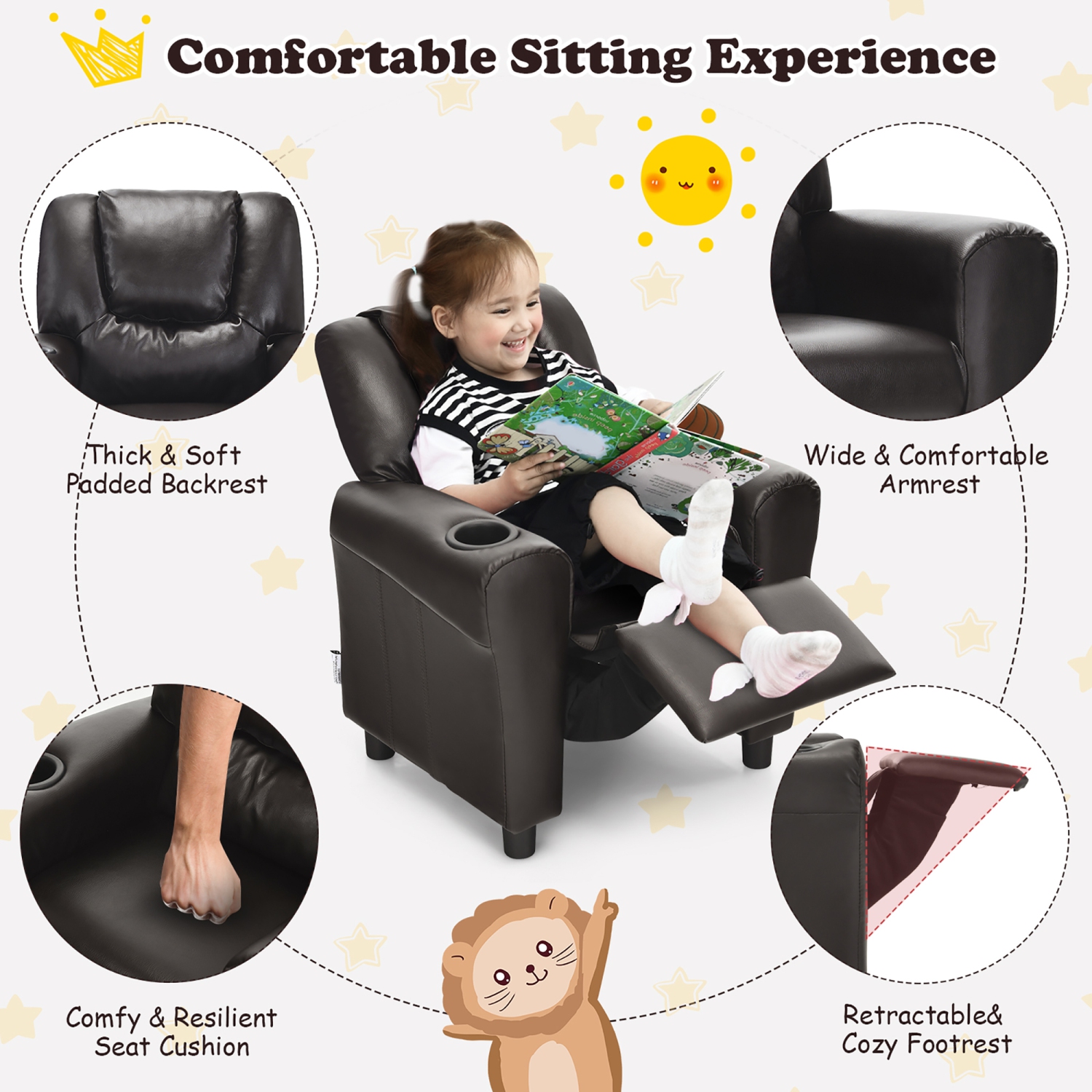 Costway Kids Recliner Chair PU Leather Armrest Sofa w/Footrest Cup Holder