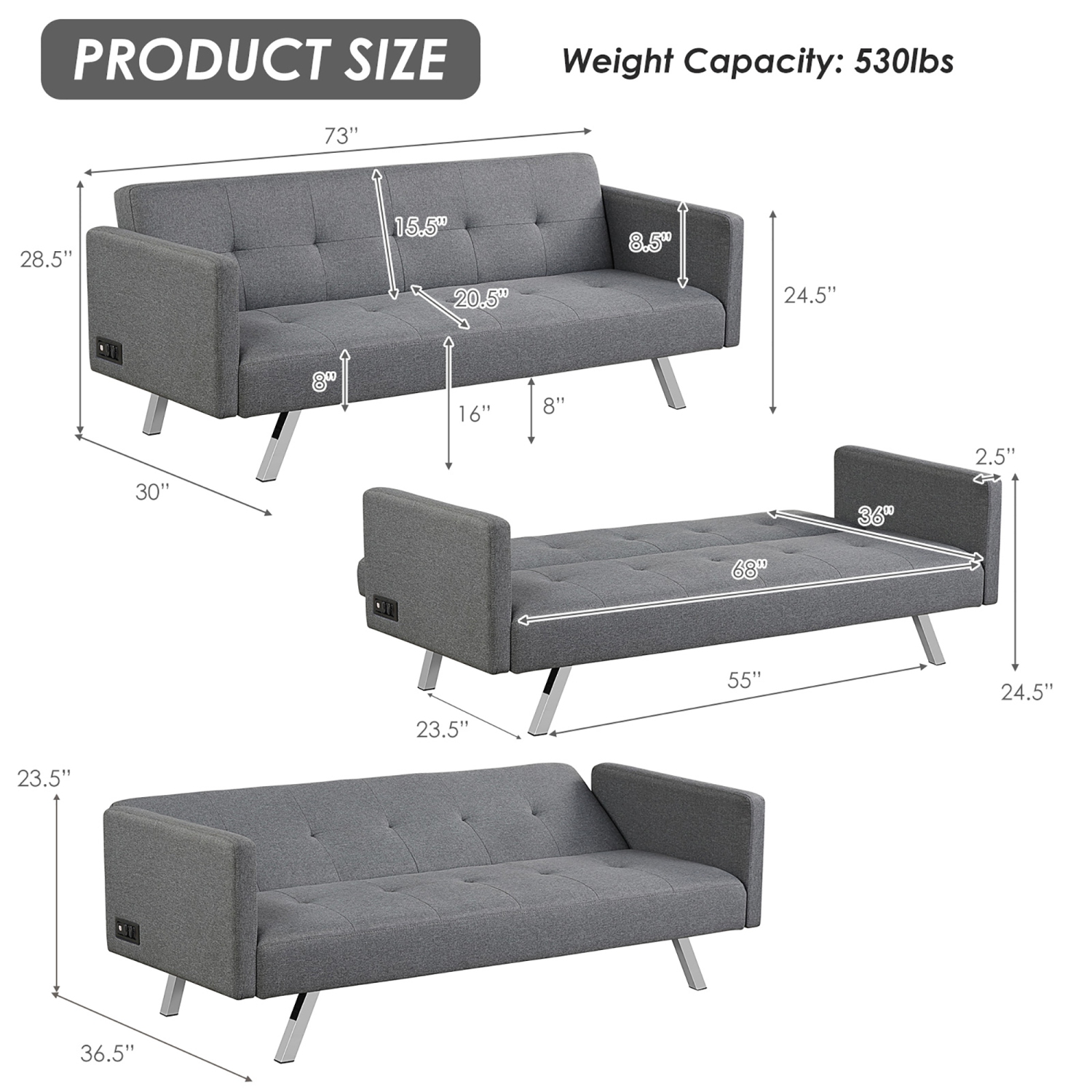 Costway Convertible Futon Sofa Bed Folding Recliner w/USB Ports&Power Strip Grey\Blue