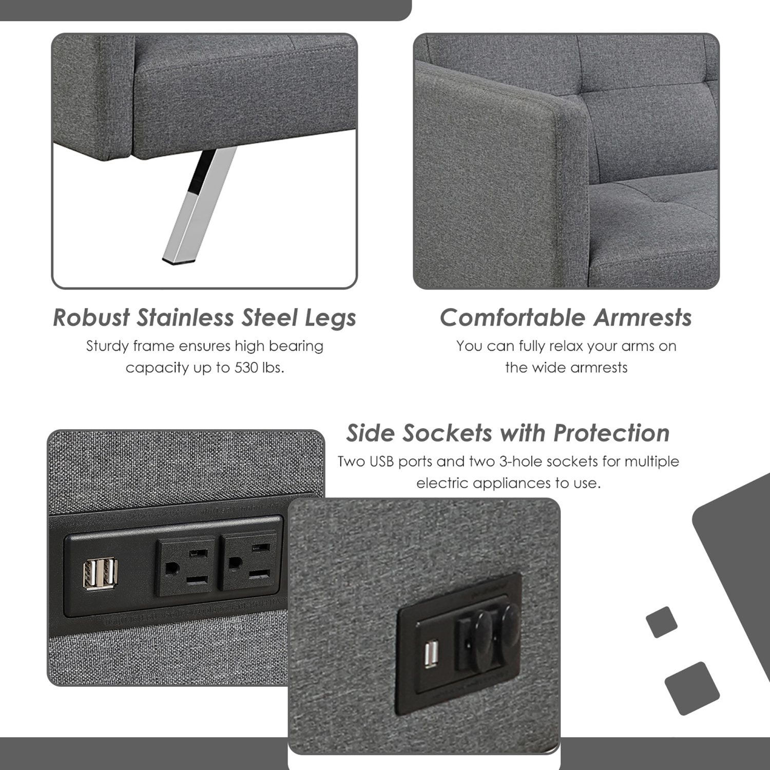 Costway Convertible Futon Sofa Bed Folding Recliner w/USB Ports&Power Strip Grey\Blue