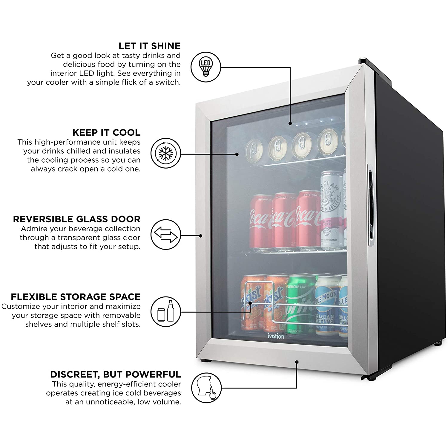 Ivation 62 Can Beverage Refrigerator | Freestanding Ultra Cool Mini Drink Fridge | Beer, Cocktails, Soda, Juice Cooler for Home & Office | Reversible
