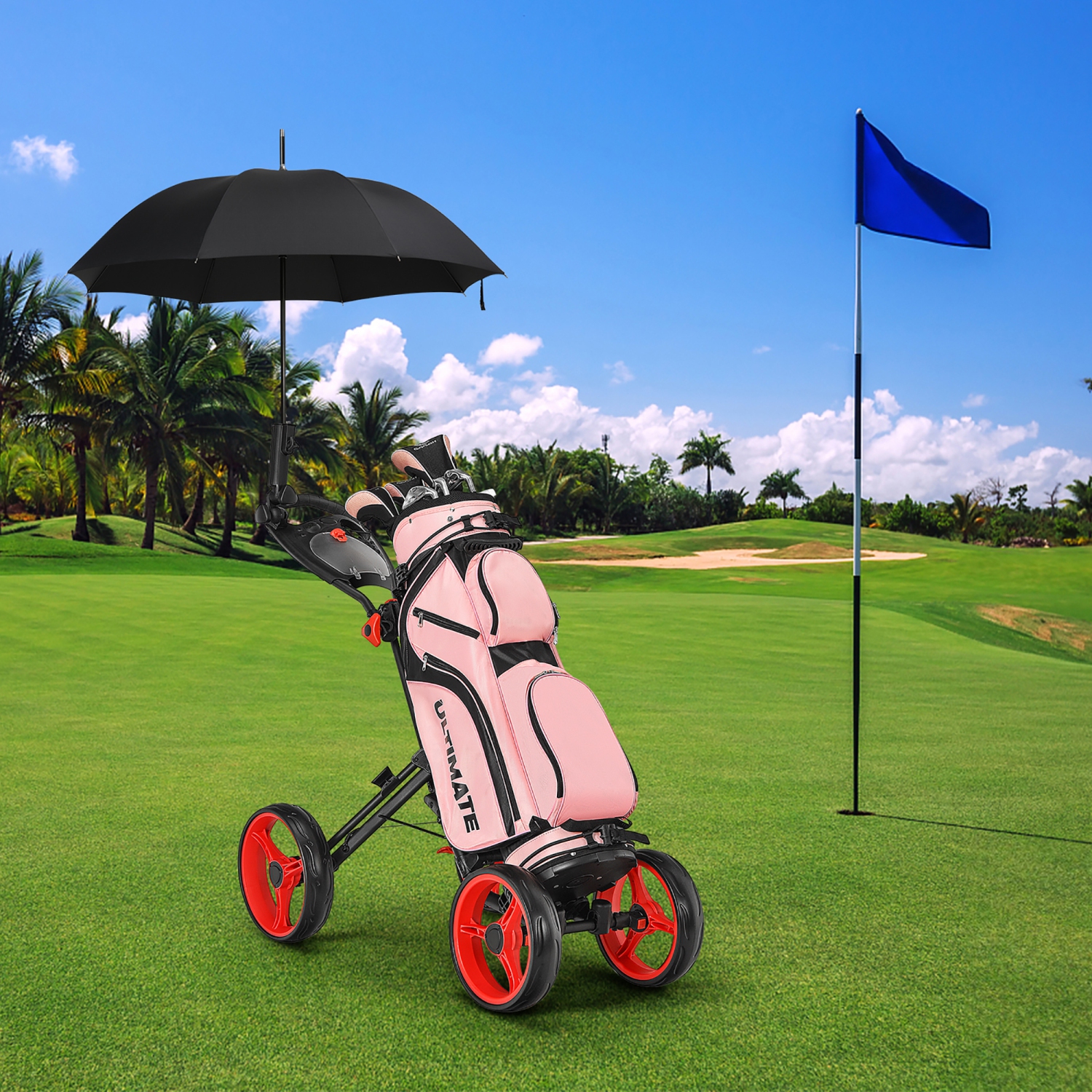 Goplus Folding 4 Wheels Golf Push Cart W/Brake Scoreboard Adjustable Handle