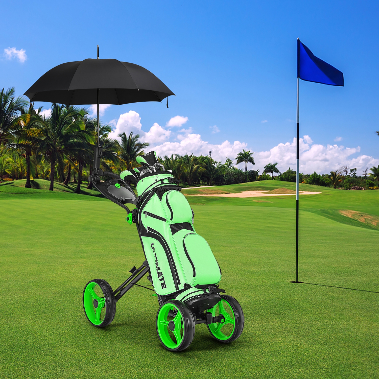 Goplus Folding 4 Wheels Golf Push Cart W/Brake Scoreboard Adjustable Handle