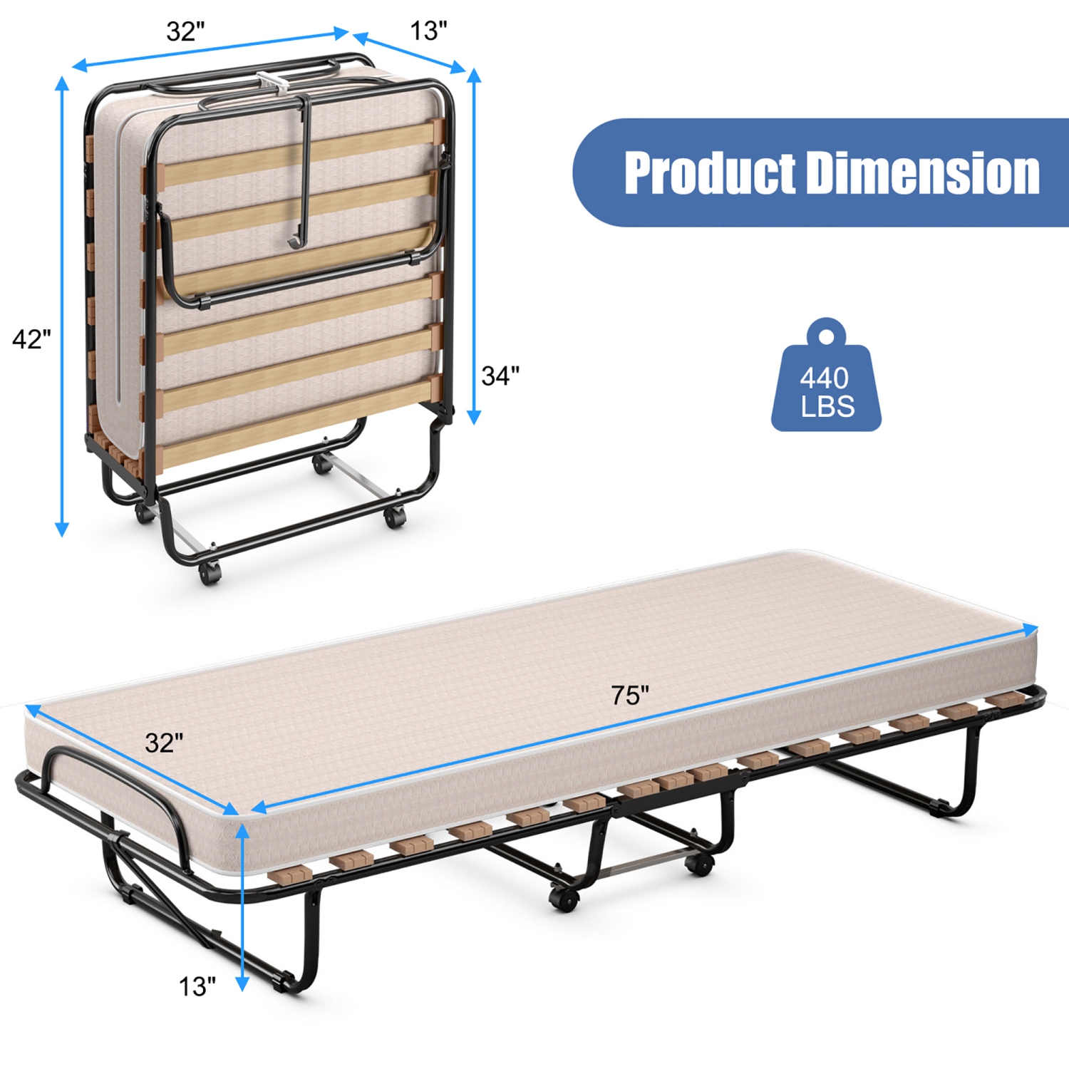 Costway Portable Folding Bed with Mattress Rollaway Cot Made In Italy