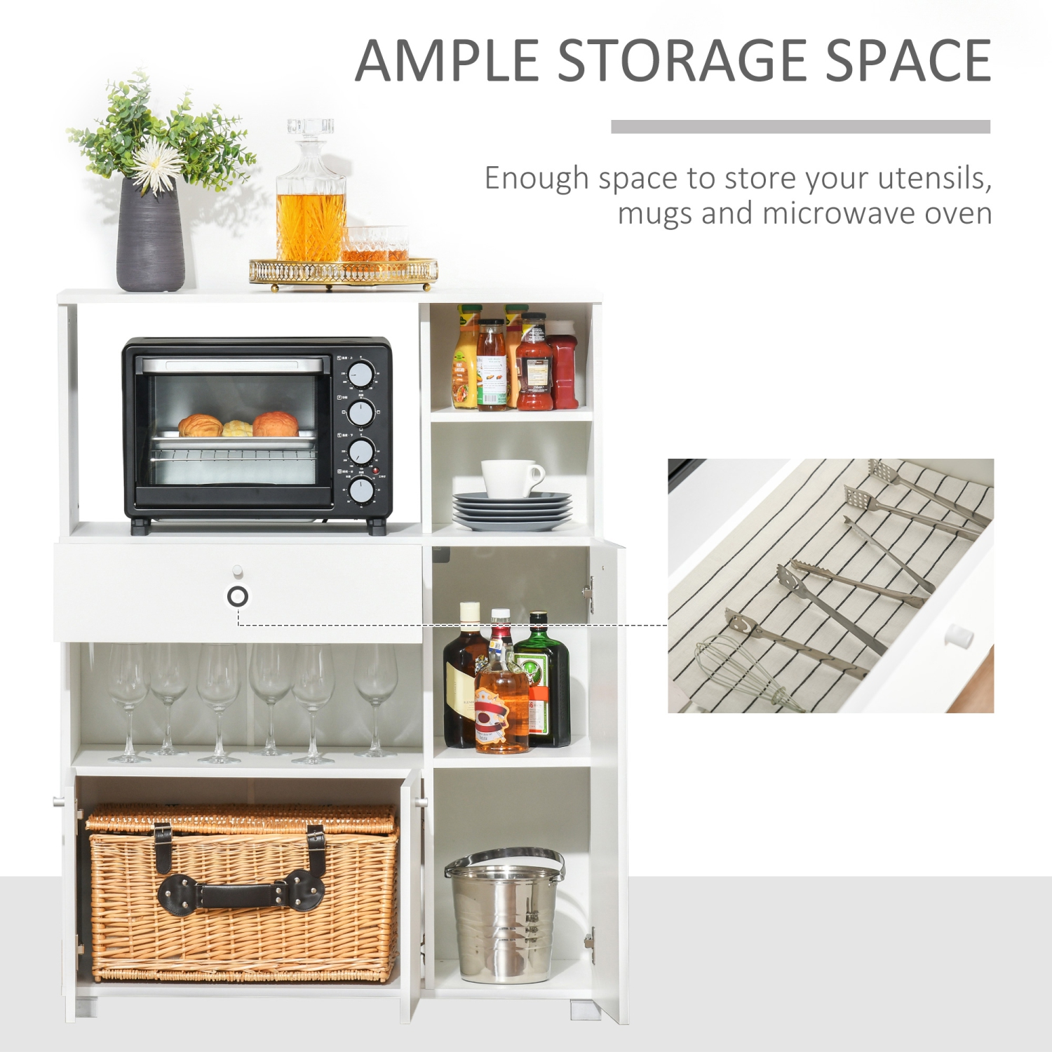 HOMCOM – Armoire de rangement compacte pour buffet de cuisine avec étagère, four micro-ondes, tiroir et tablettes, blanc