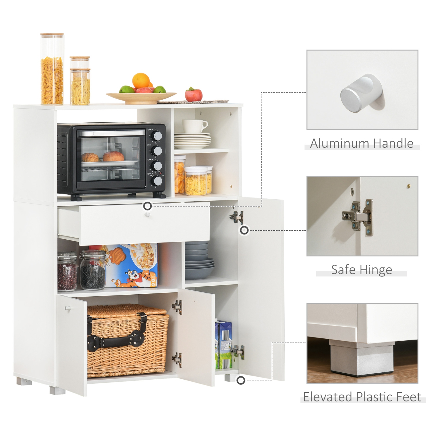 HOMCOM – Armoire de rangement compacte pour buffet de cuisine avec étagère, four micro-ondes, tiroir et tablettes, blanc