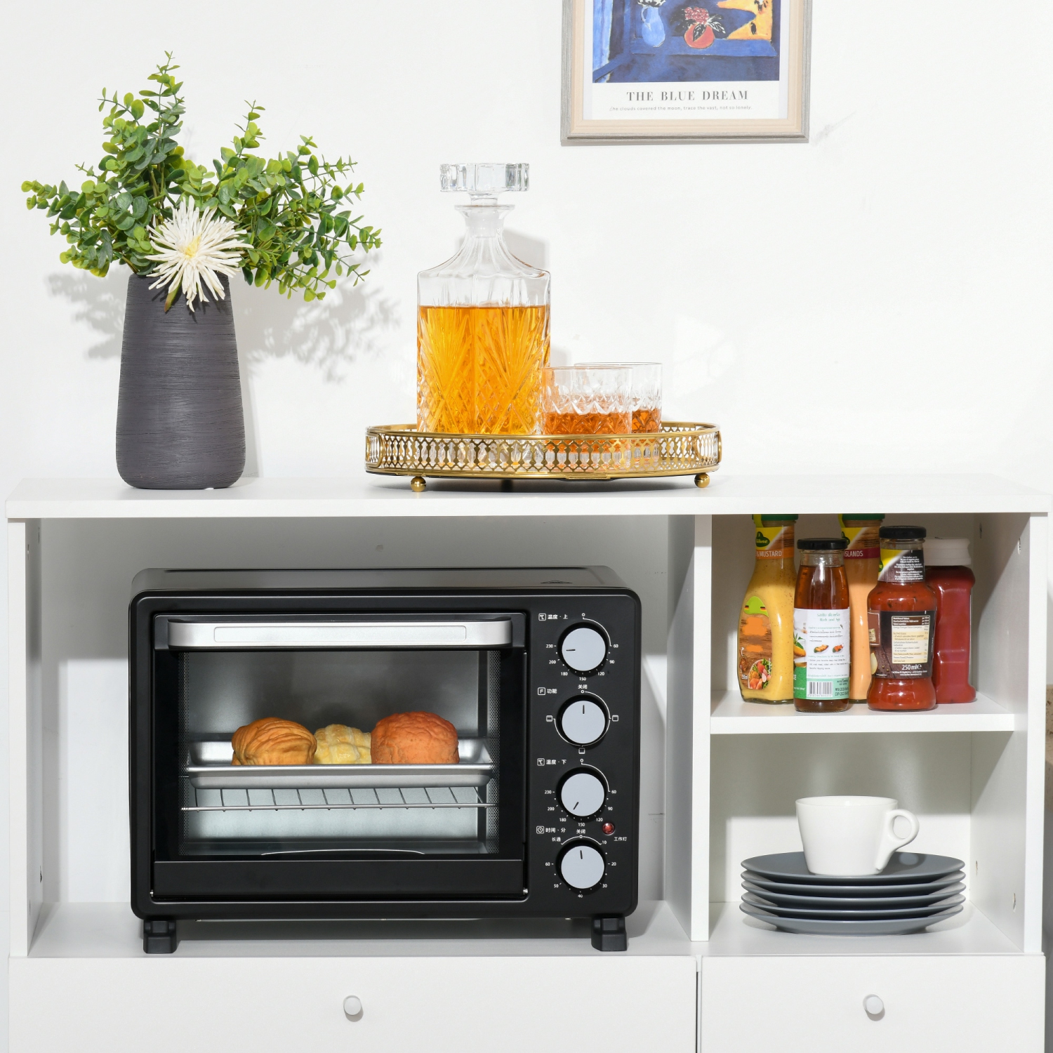 HOMCOM – Armoire de rangement compacte pour buffet de cuisine avec étagère, four micro-ondes, tiroir et tablettes, blanc