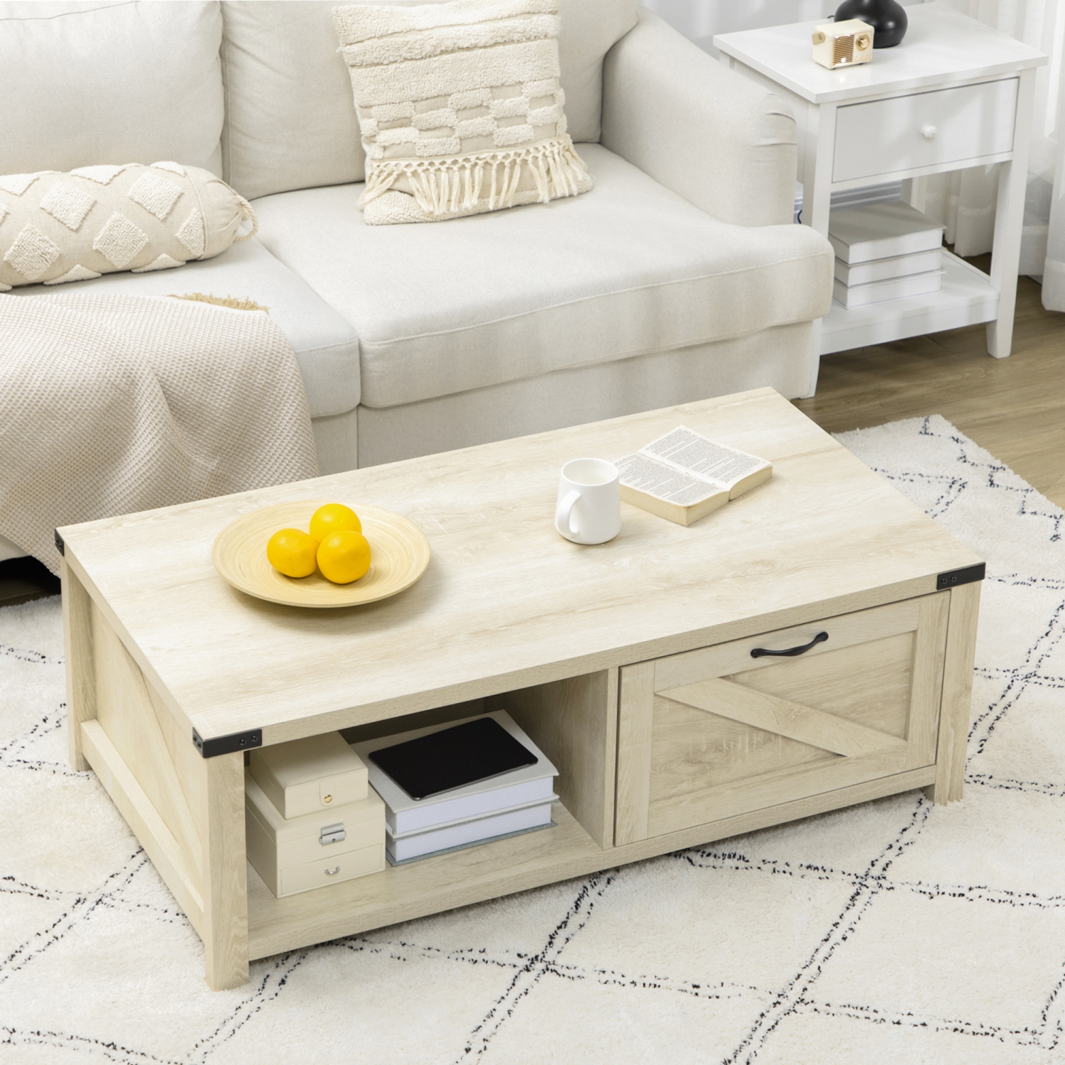 HOMCOM Farmhouse Coffee Table with Drawer and Storage Shelf, Rustic Center Table for Living Room, Meeting Room, White Oak