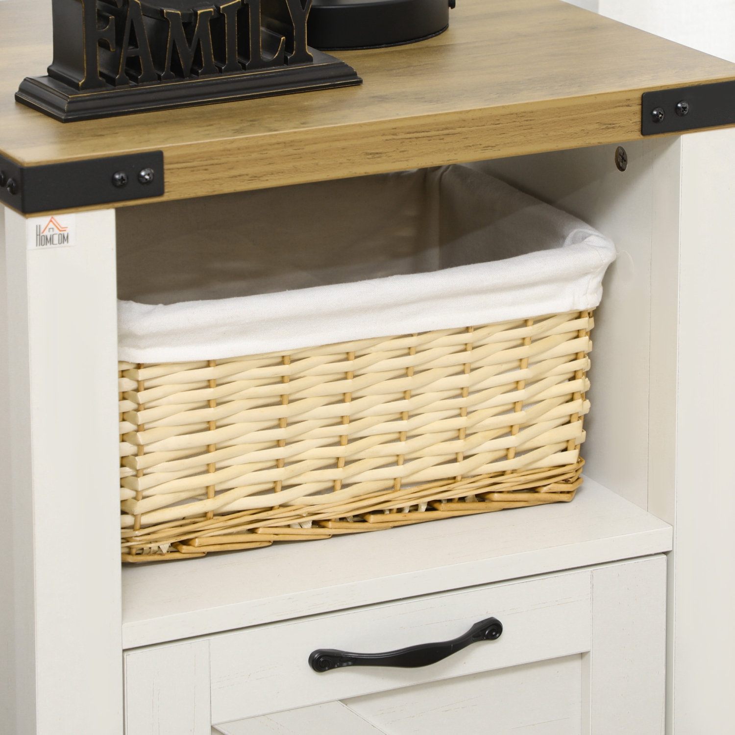 HOMCOM Side Table with Storage, Farmhouse End Table with Drawer, Open Shelf and Barn-style Panel, Nightstand for Living Room, Bedroom, White