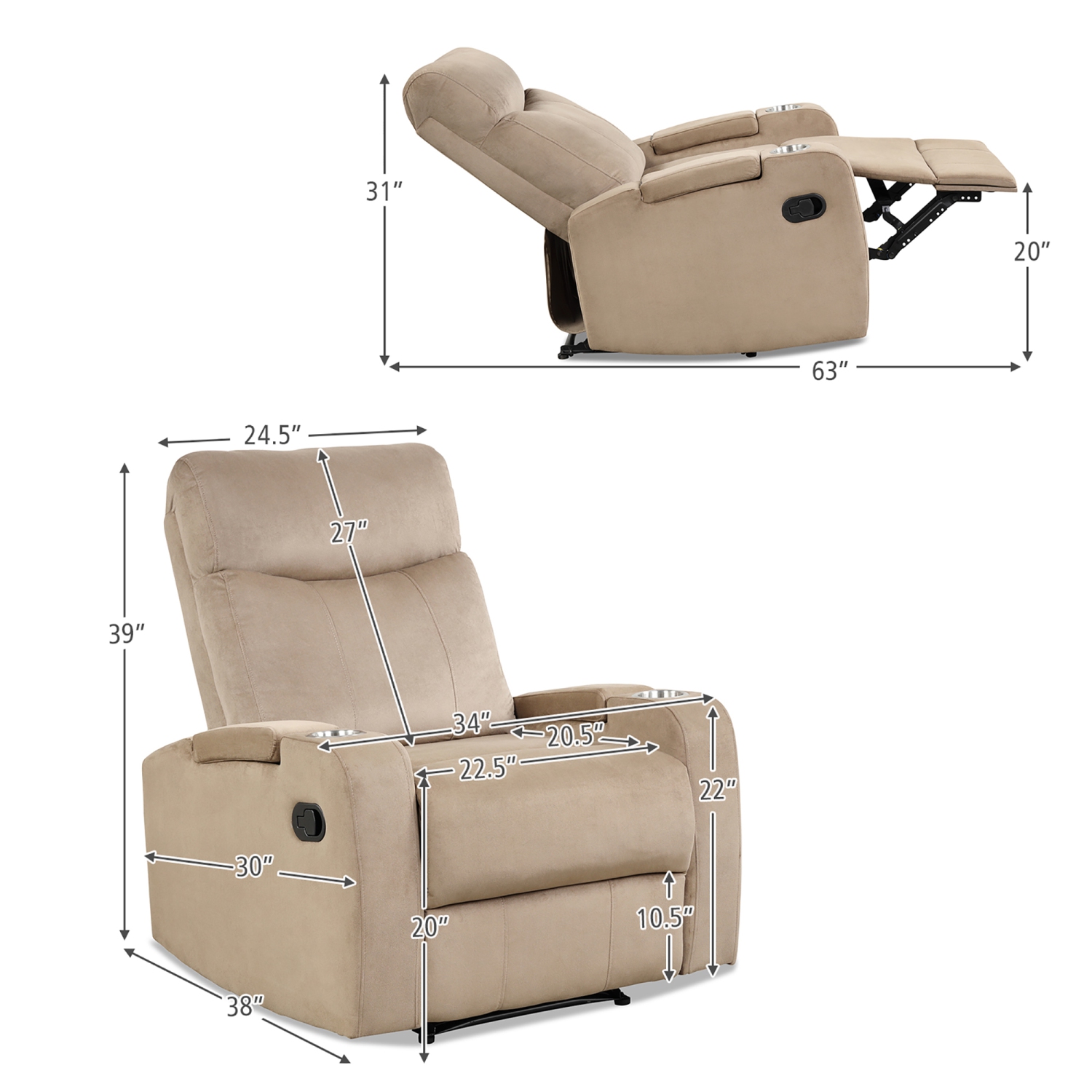 Fauteuil inclinable simple avec rangement pour les bras et porte-gobelet de Costway
