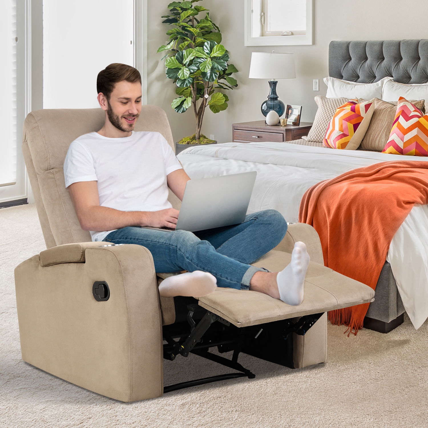 Fauteuil inclinable simple avec rangement pour les bras et porte-gobelet de Costway