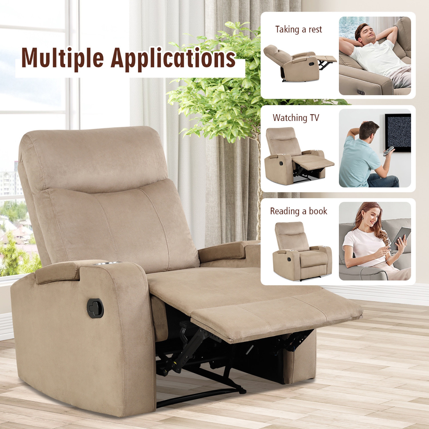 Fauteuil inclinable simple avec rangement pour les bras et porte-gobelet de Costway