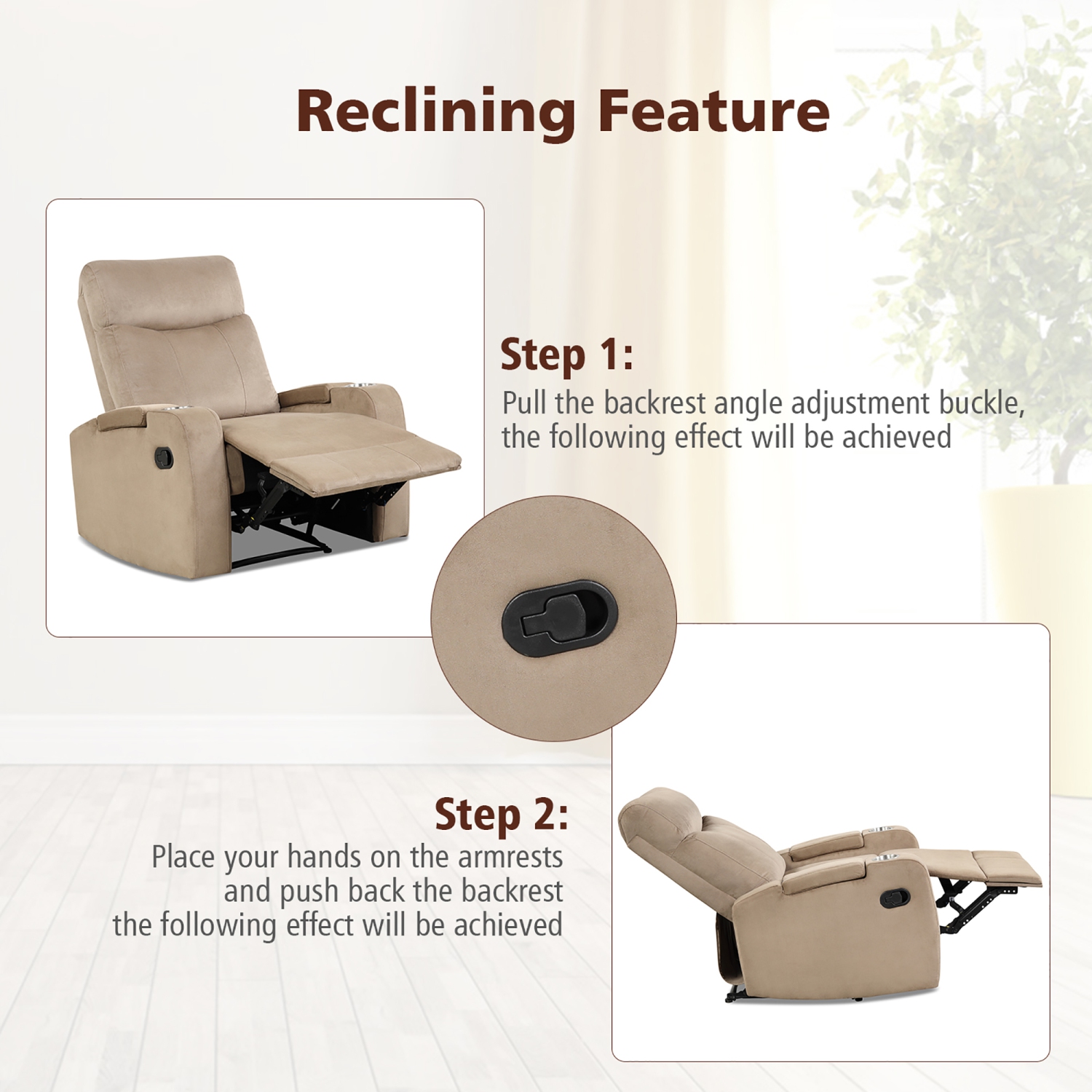 Fauteuil inclinable simple avec rangement pour les bras et porte-gobelet de Costway