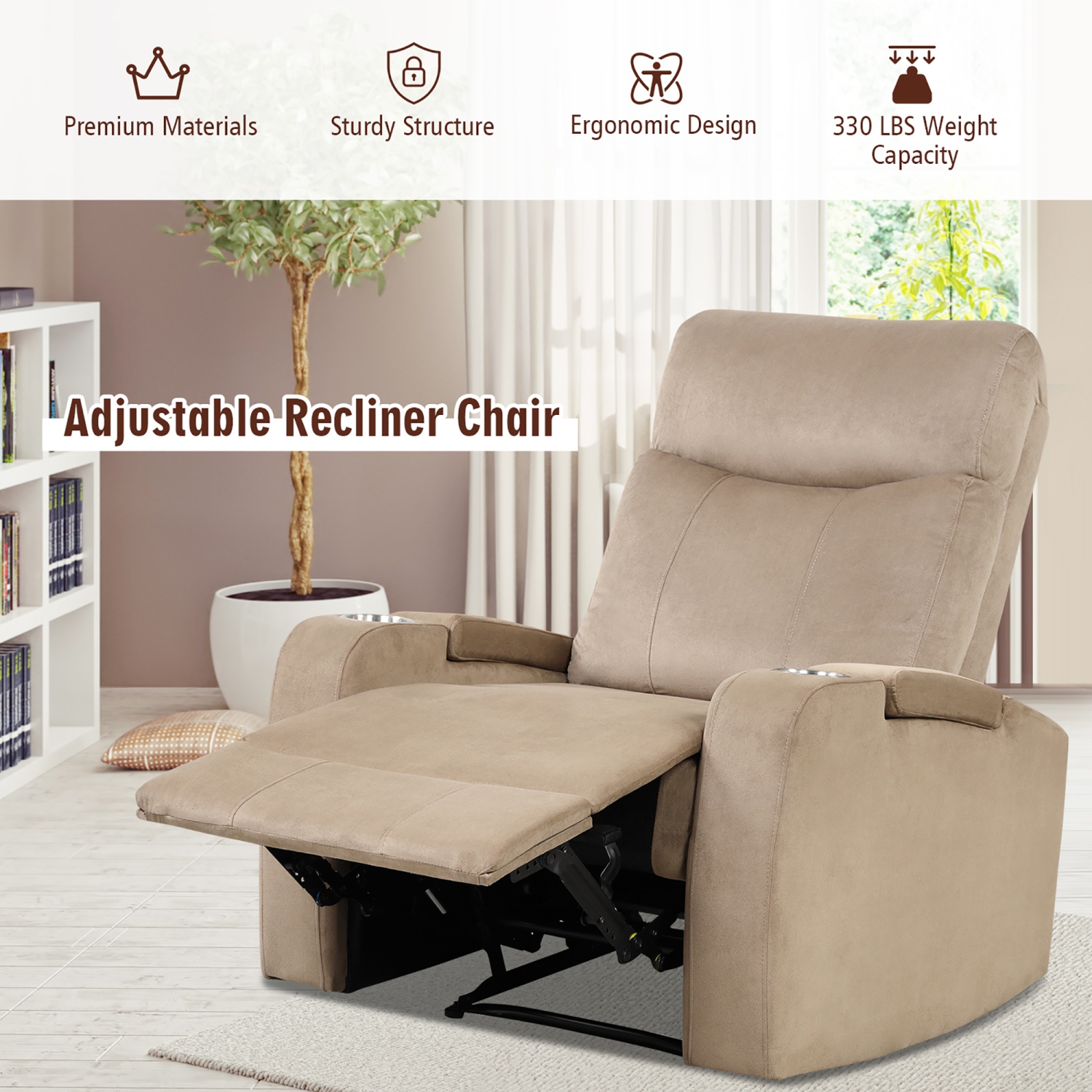 Fauteuil inclinable simple avec rangement pour les bras et porte-gobelet de Costway